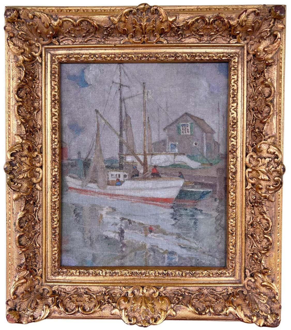 Kate Montague Hall Landscape Painting - Fishing Boat on the Dock