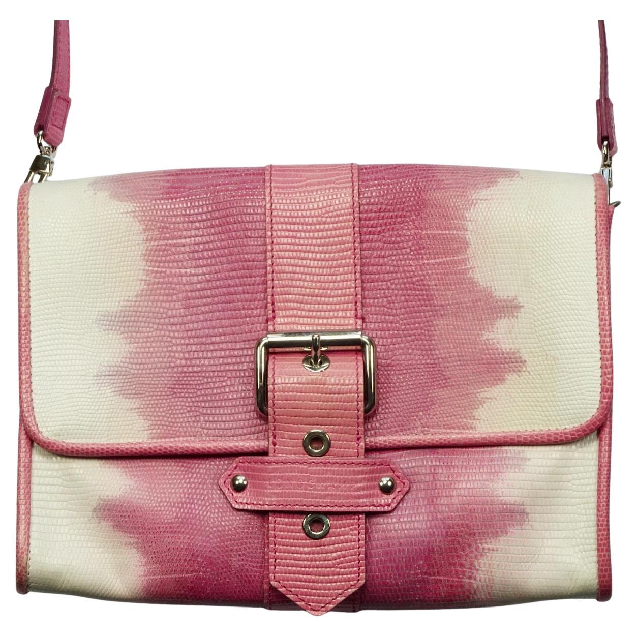 Kate Moss for Longchamp Leather Snake Effect Pink and White Clutch / Handbag For Sale