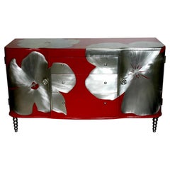 Sideboard, buffet, credenza  - Poppy design veneered by hand with inlaid metal