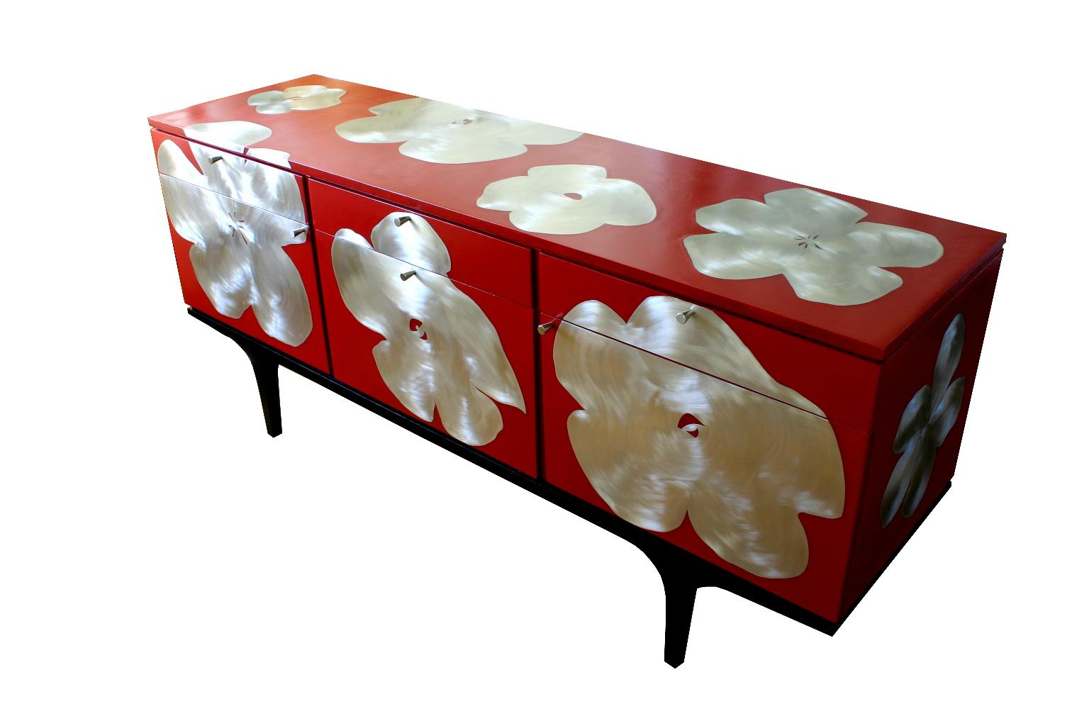 Sheet metal inlaid with red gesso on a reconditioned 20th century sideboard. All Kate's pieces are one-offs so dimensions and shape of the sideboard will vary, but pieces can be sourced to meet individual requirements.