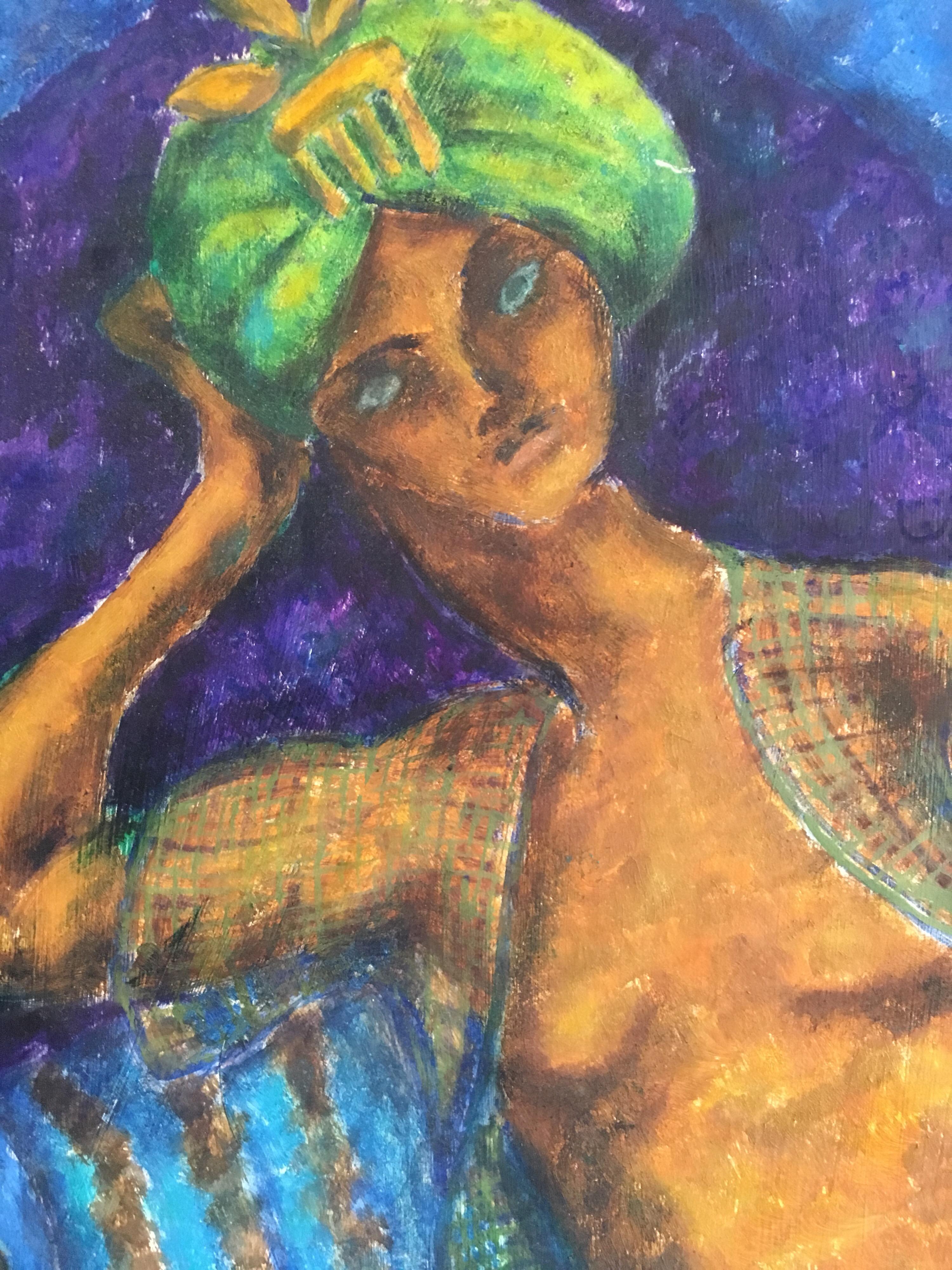 Arabian Night, Stylised, Bright Colours, Oil Painting, Signed - Gray Portrait Painting by Kate Orr
