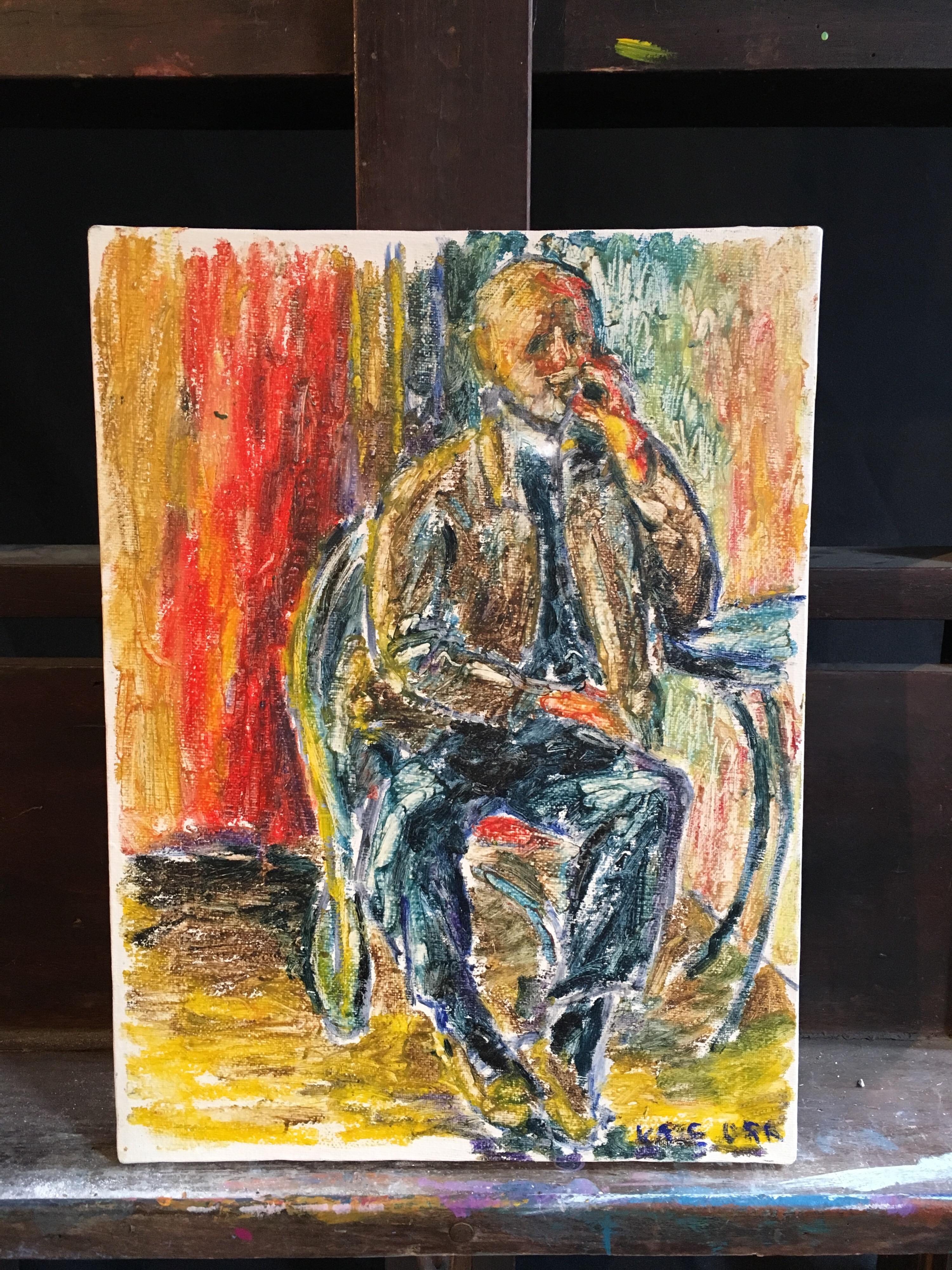 Gentleman on the Phone, Surrealist Impressionist Portrait, Signed - Painting by Kate Orr