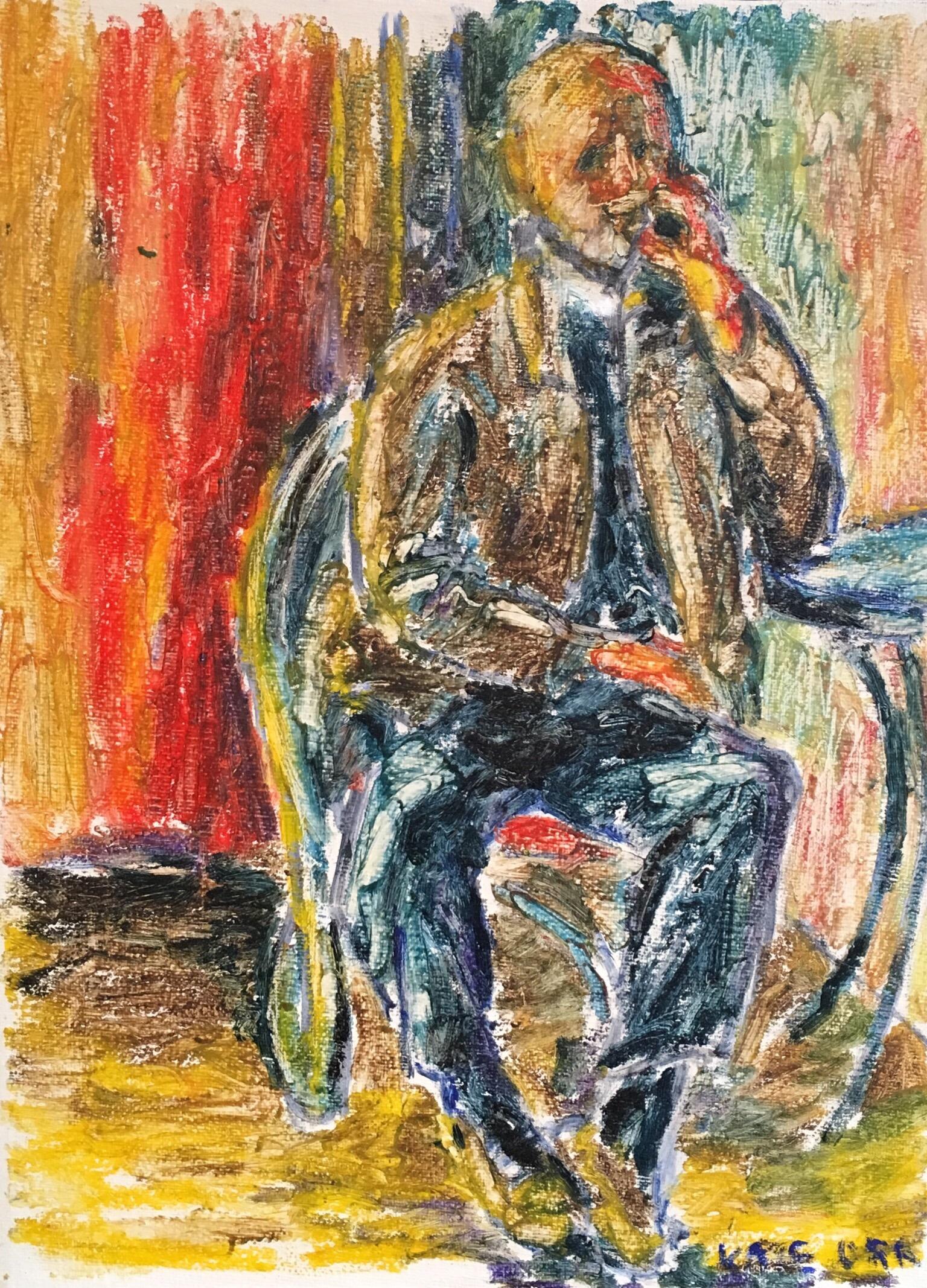 Kate Orr Abstract Painting - Gentleman on the Phone, Surrealist Impressionist Portrait, Signed