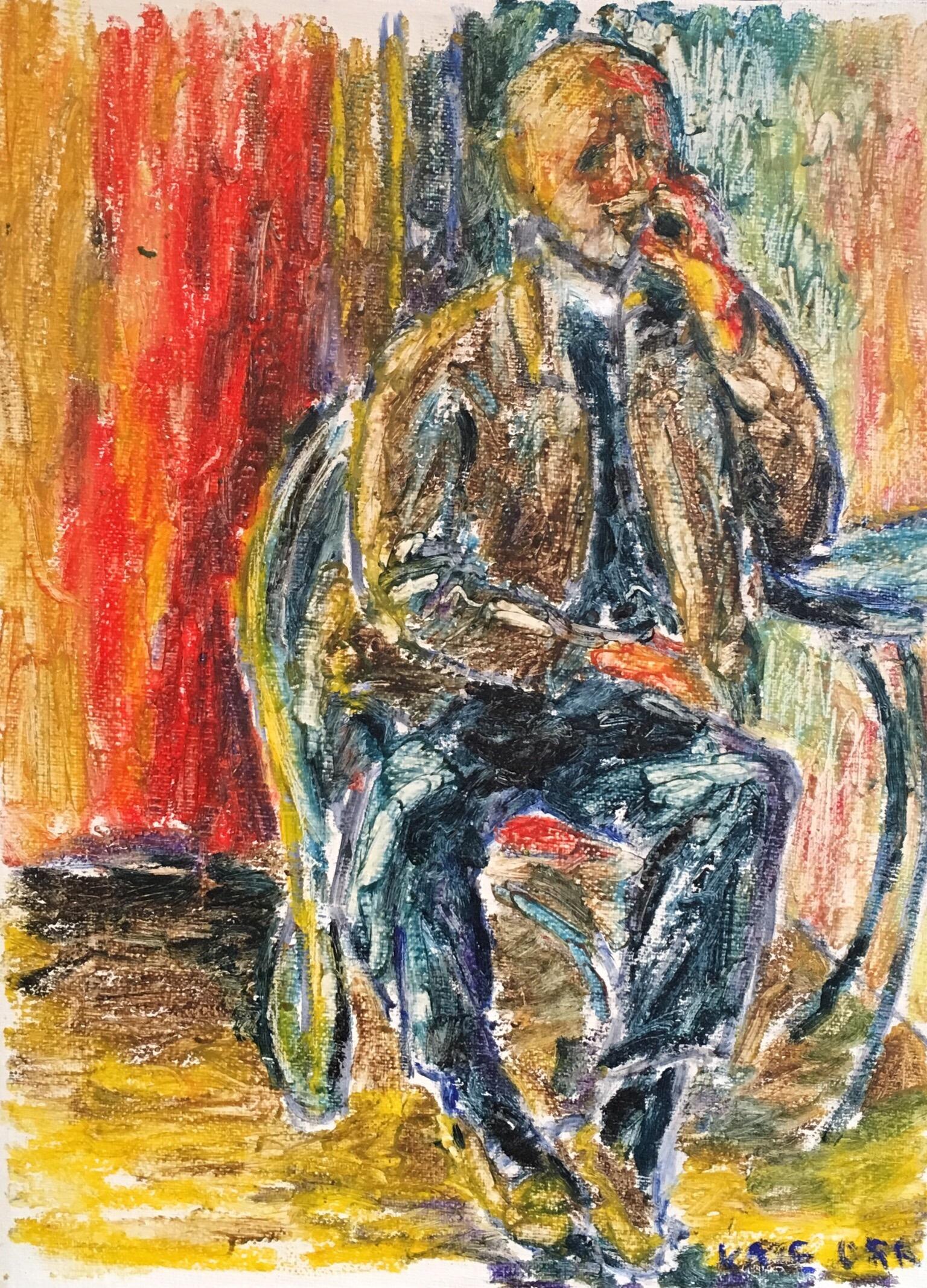 Abstract Painting de Kate Orr - Caballero al teléfono, retrato impresionista surrealista, firmado