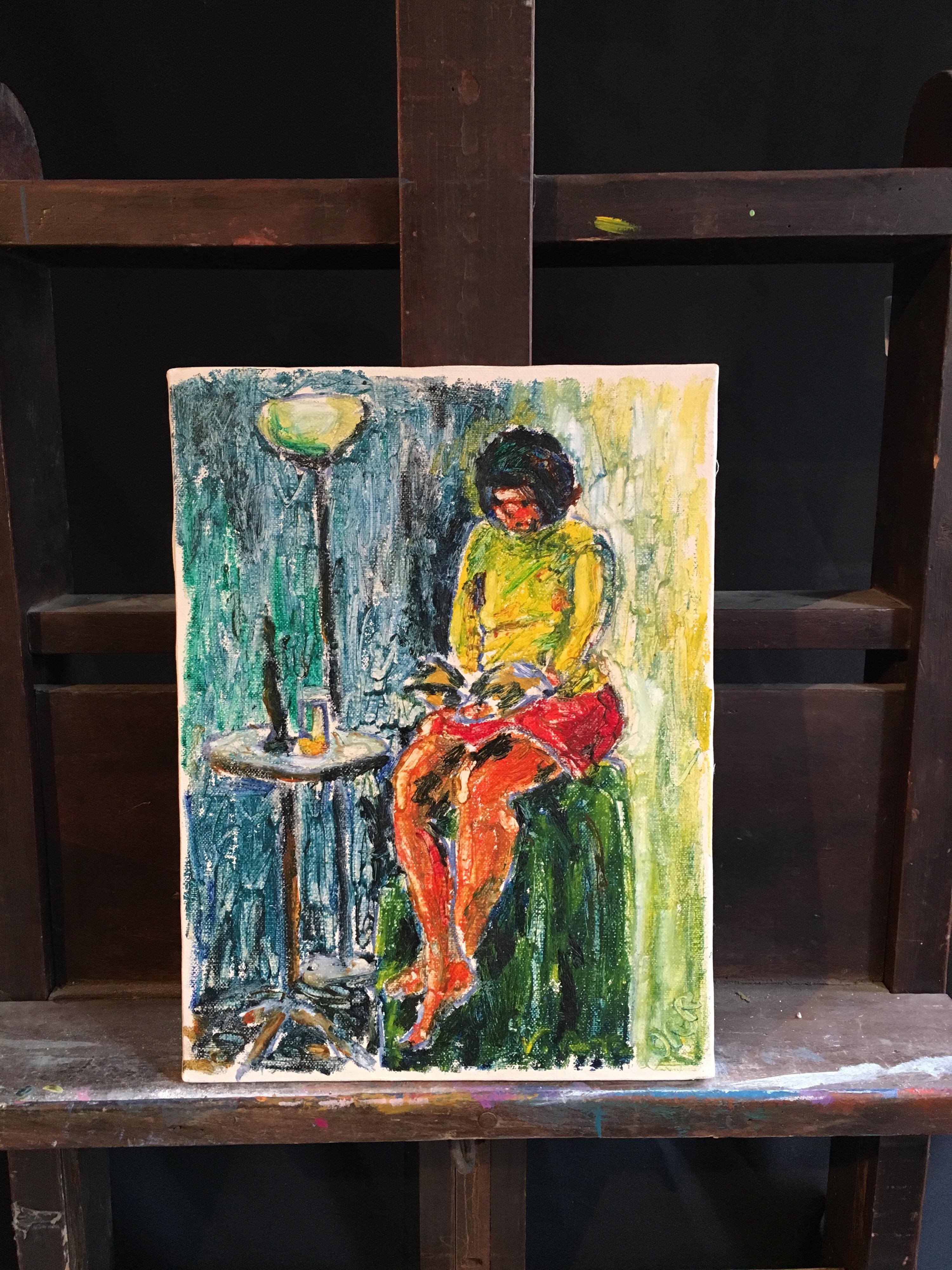 Modella che legge, pittura a olio impressionista surrealista, firmata - Painting di Kate Orr