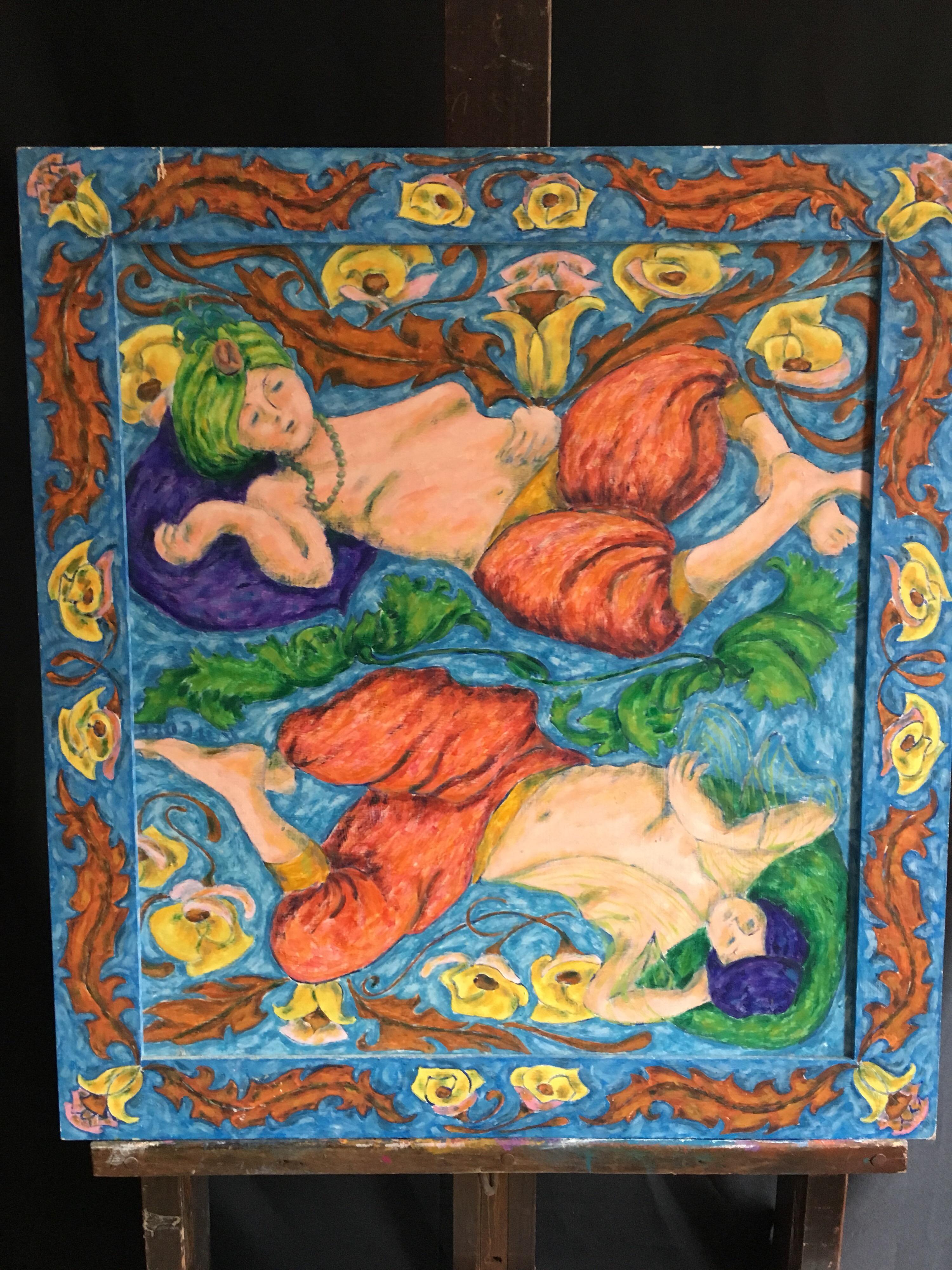 The Genie, Bright Colours, Oil Painting, Signed
By British artist, Kate Orr, 20th Century
Signed by the artist verso
Oil painting on board, framed
Framed size: 28 x 26 inches

Wonderful oil painting of two genie type characters, floating in a
