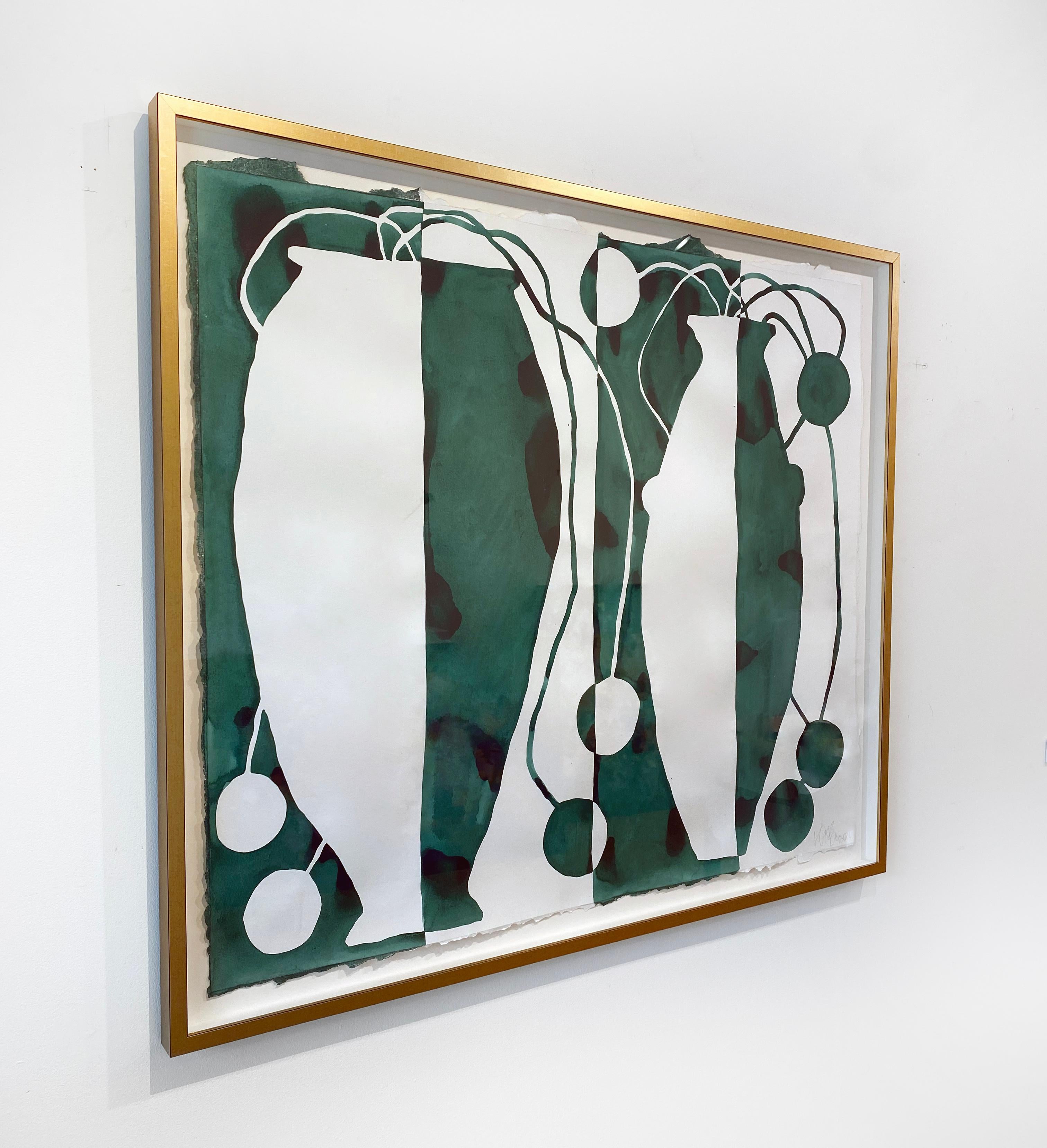 'Emerald Mary' 2022 by Kate Roebuck. Ink and watercolor on handmade watercolor paper. 40 x 46 inches. This work features a classic greek vase, botanical form in green and white exposed paper. Framed in a decorative gold frame.

Kate Roebuck is an