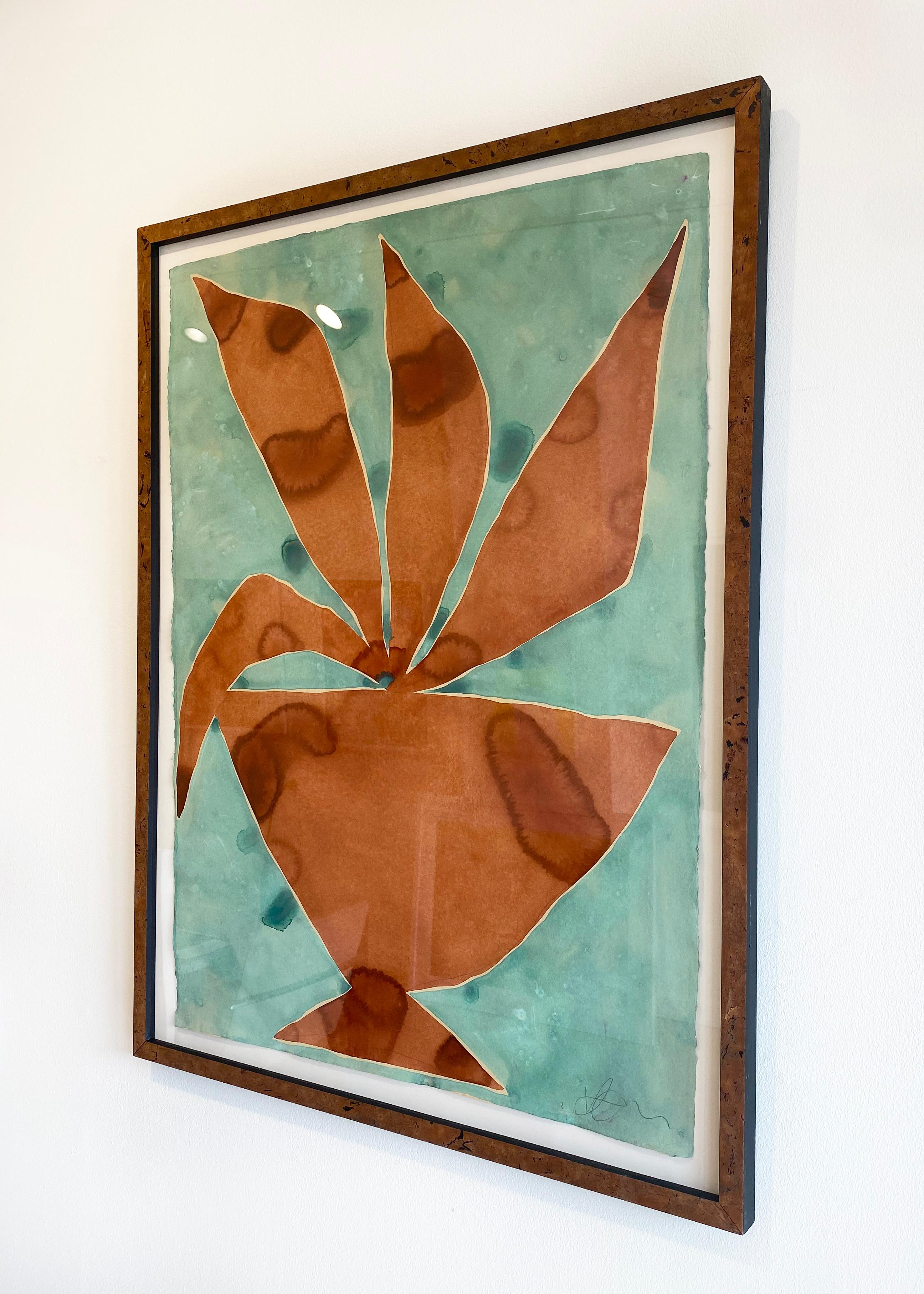 'Jungalow' 2021 by Kate Roebuck. Ink and watercolor on handmade watercolor paper with decked edge. 30 x 22 inches. This work features a classic botanical form in dark orange on a teal background.

Kate Roebuck is an artist and designer working and