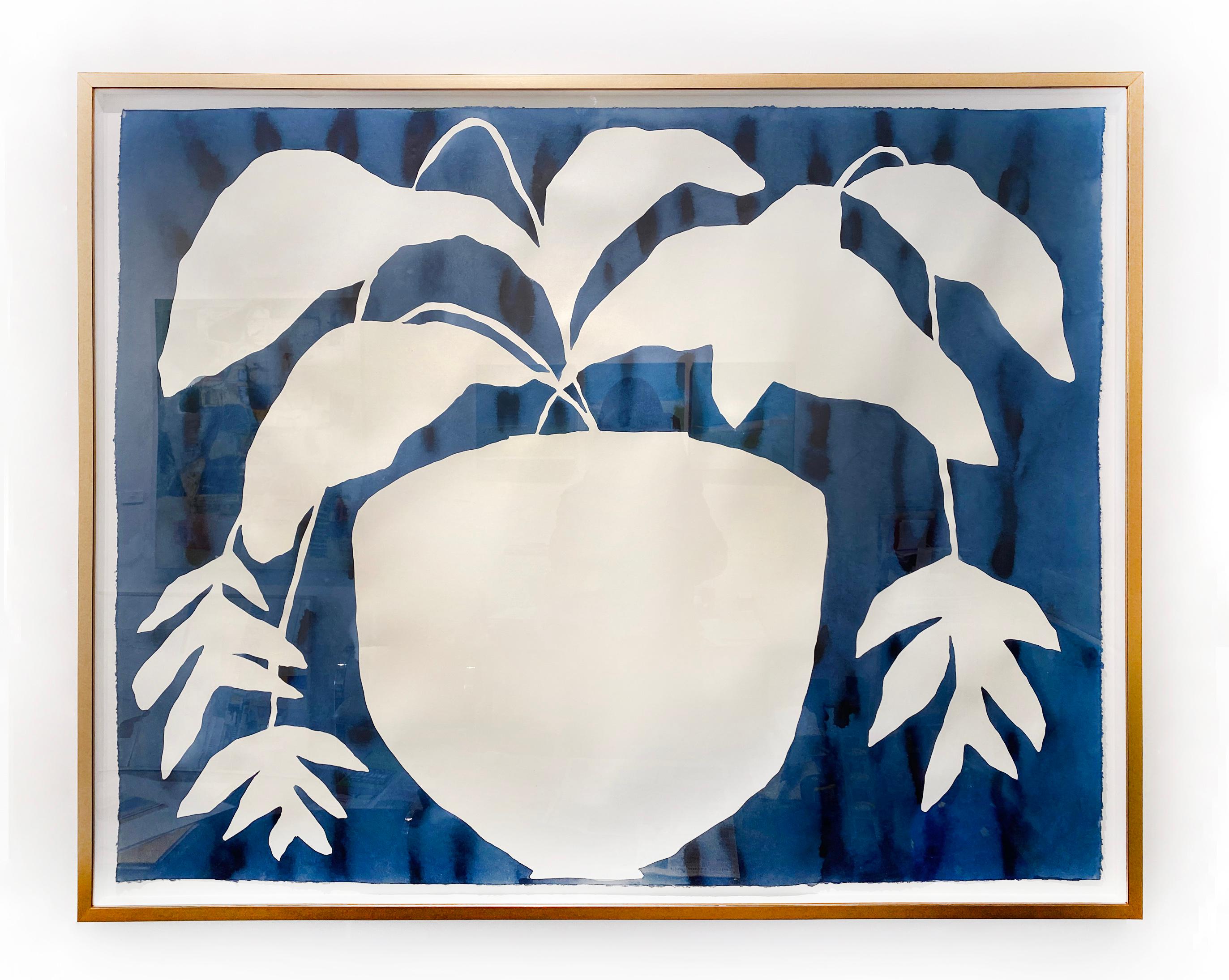 'On The Table' 2021 by Kate Roebuck. Ink and watercolor on handmade watercolor paper with decked edge. 40 x 50 inches/Framed: 42.5 x 53 inches. This work features a classic botanical form floating on a deep blue background.

Kate Roebuck is an