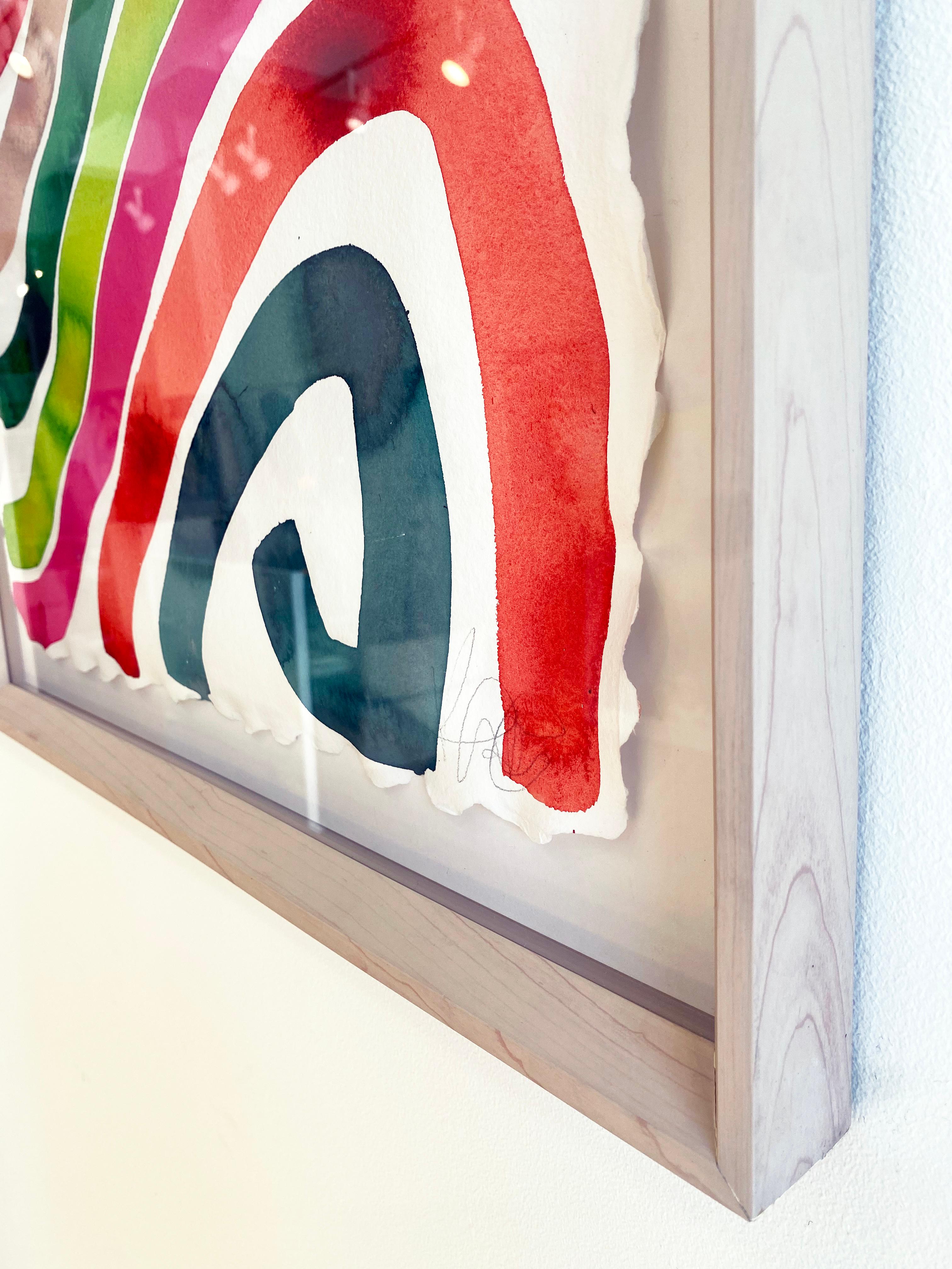 'Waves' 2021 by Kate Roebuck. Ink and watercolor on handmade watercolor paper with decked edge, diptych. 27 x 40 inches, 27 x 20 in each. This colorful abstract work features a rainbow of colorful lines in blue, green, pink, red, and black across