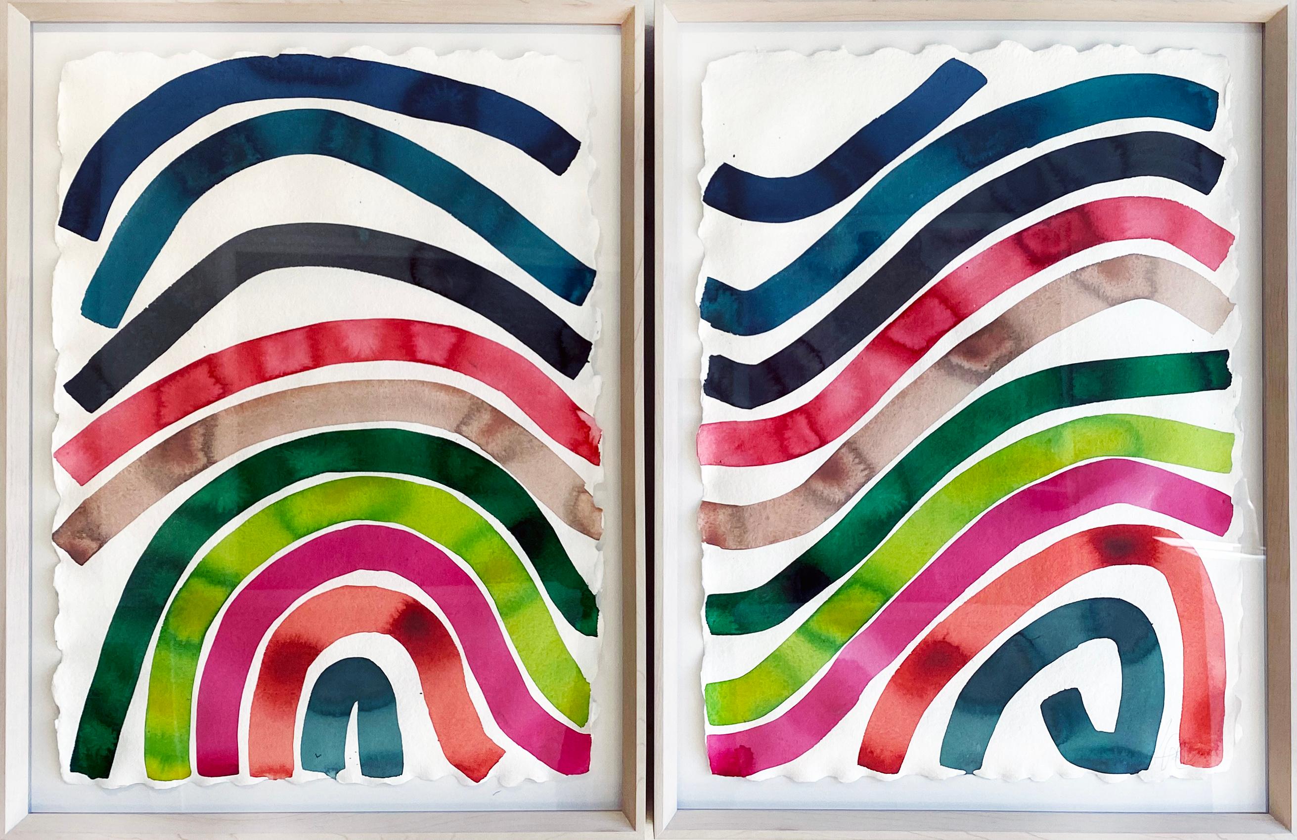 Colorful Abstract Ink and Watercolor Painting, Diptych, by Kate Roebuck 'Waves' For Sale 1