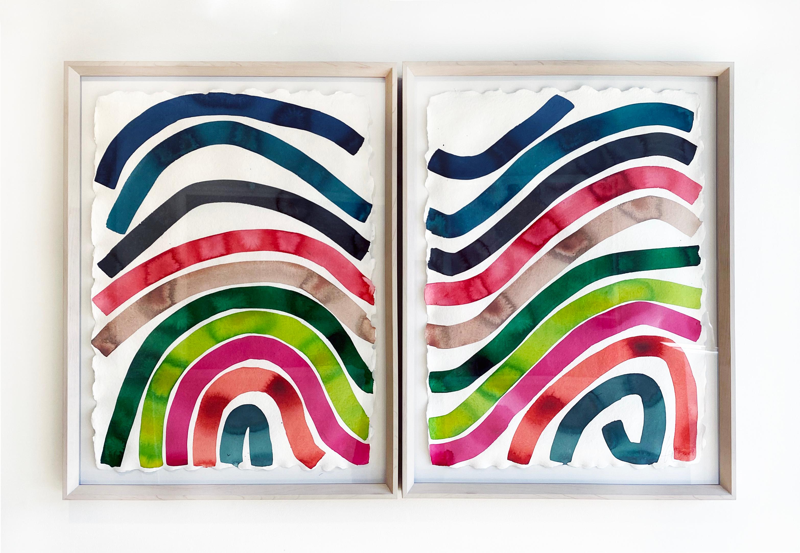 Colorful Abstract Ink and Watercolor Painting, Diptych, by Kate Roebuck 'Waves' For Sale 2