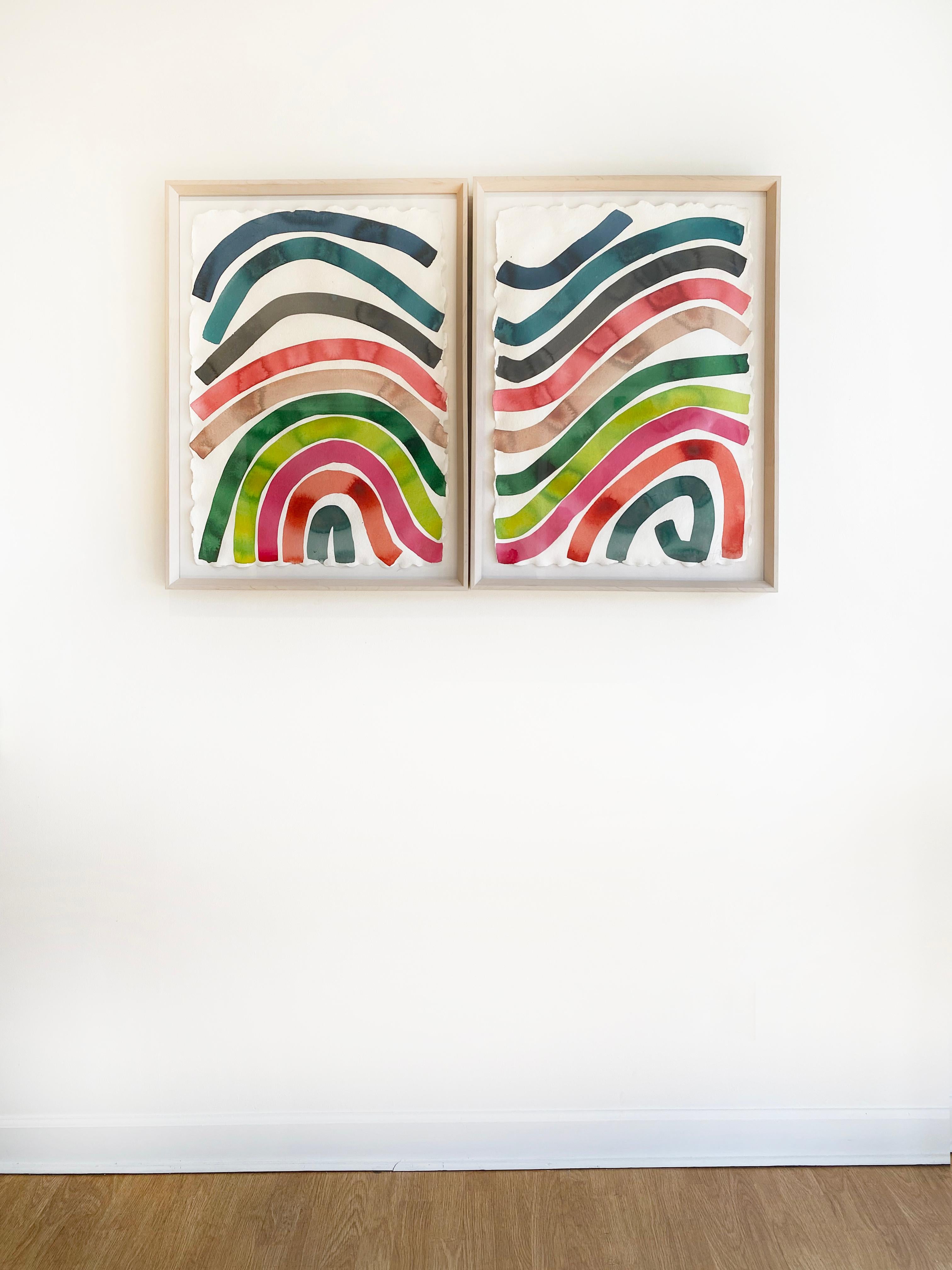 Colorful Abstract Ink and Watercolor Painting, Diptych, by Kate Roebuck 'Waves' For Sale 3