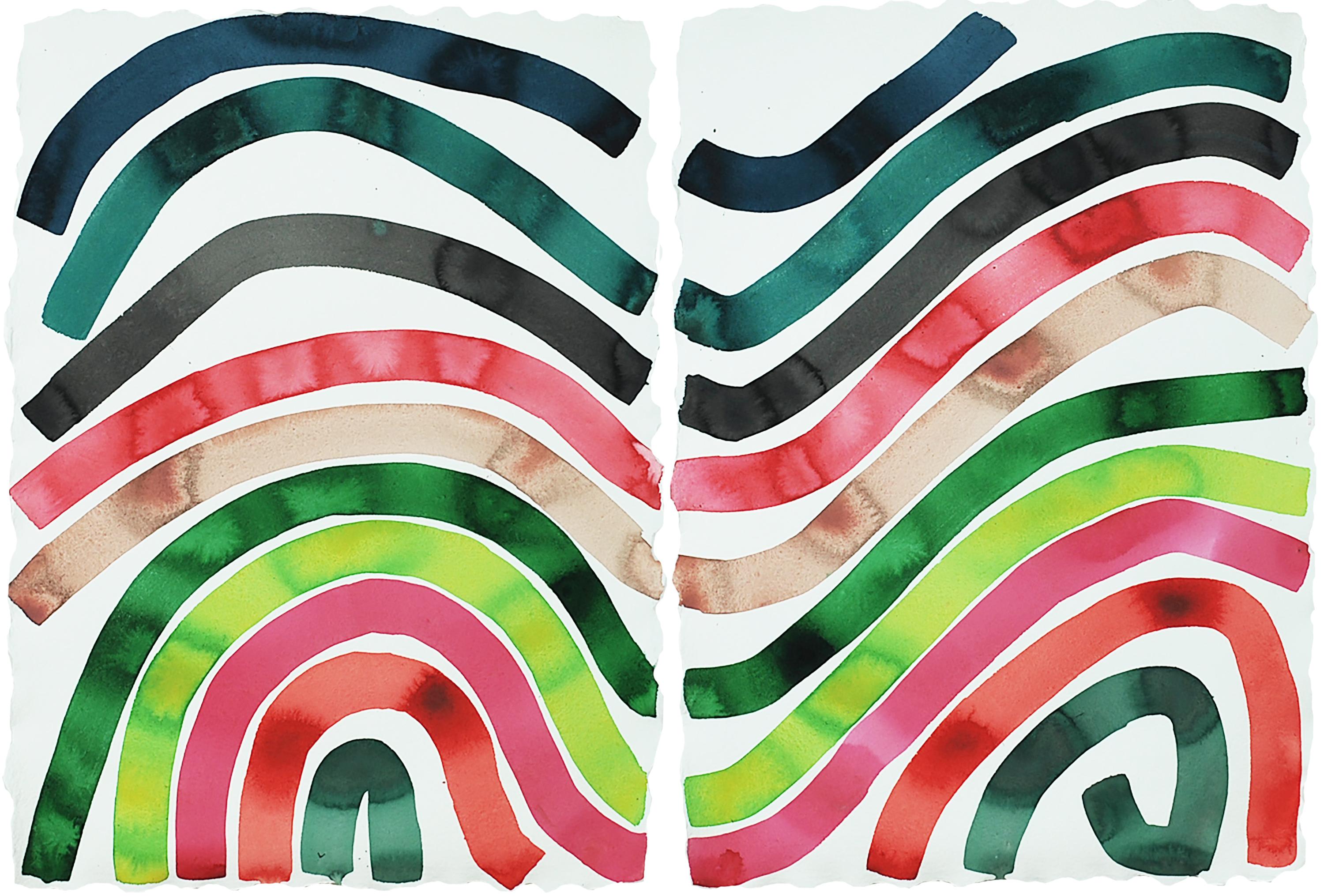 Buntes abstraktes Tusche- und Aquarellgemälde, Diptychon, von Kate Roebuck „Waves“