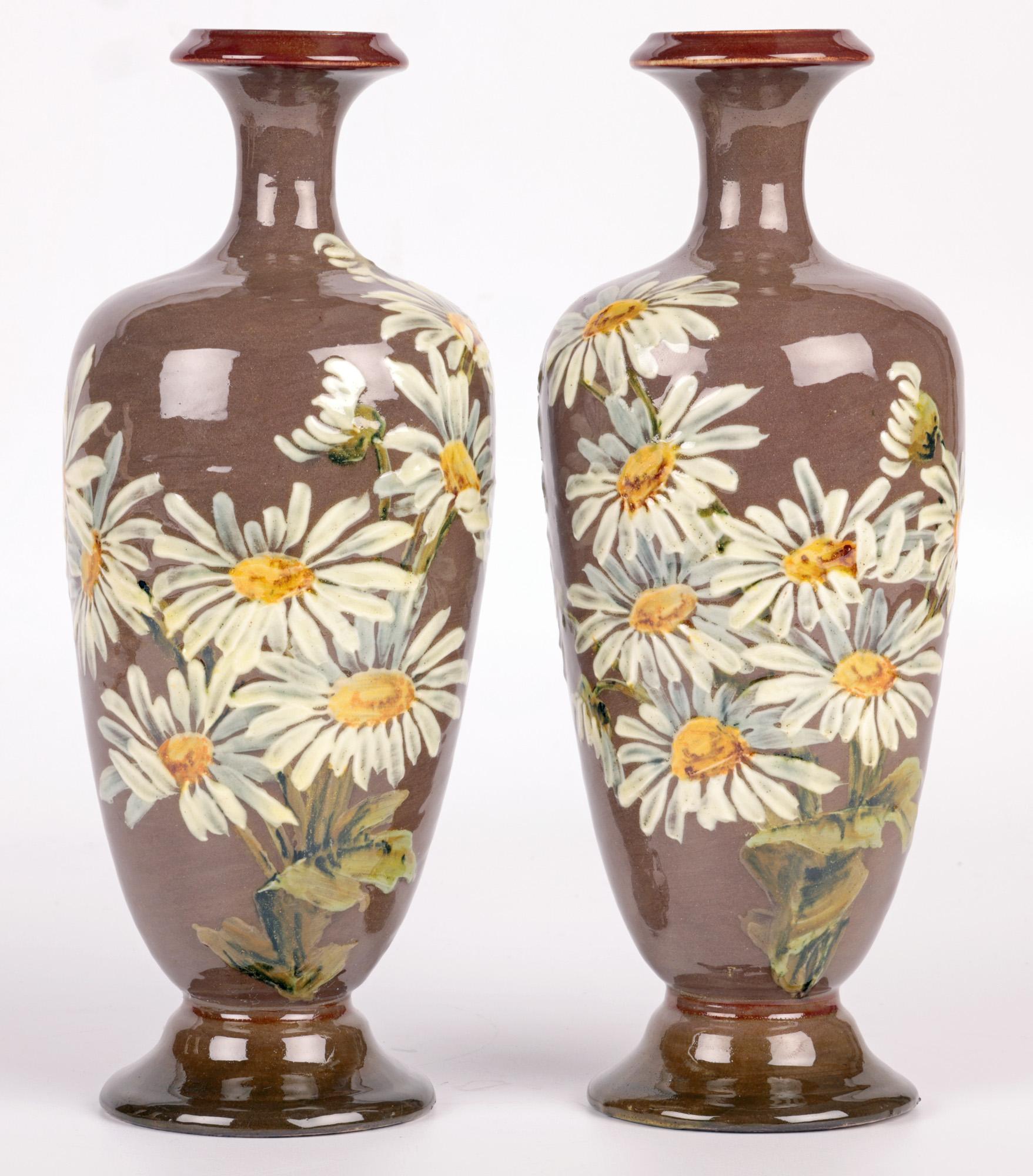 Kate Rogers Doulton Lambeth Pair Impasto Daisy Painted Vases For Sale 2