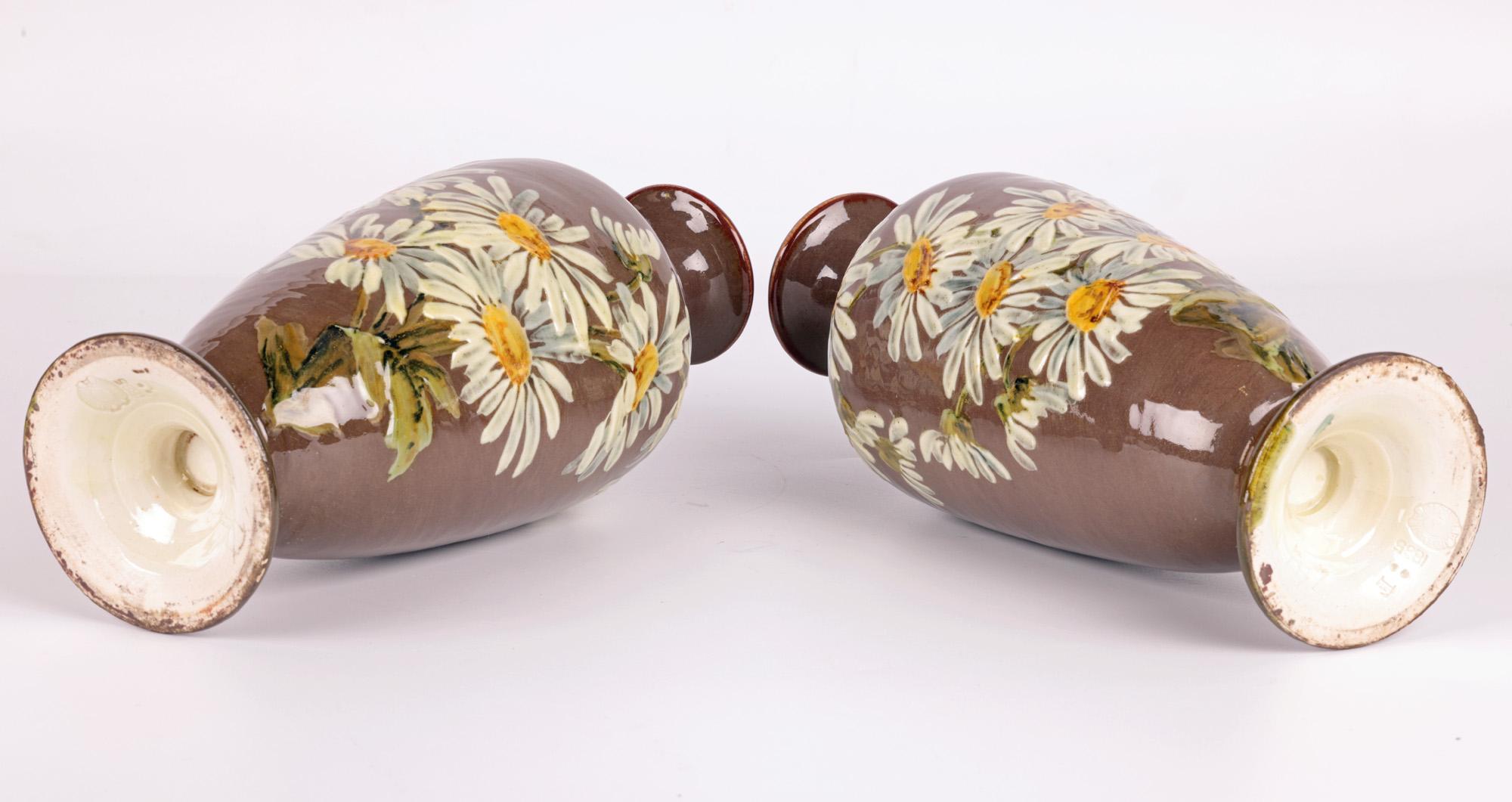 Kate Rogers Doulton Lambeth Pair Impasto Daisy Painted Vases For Sale 3