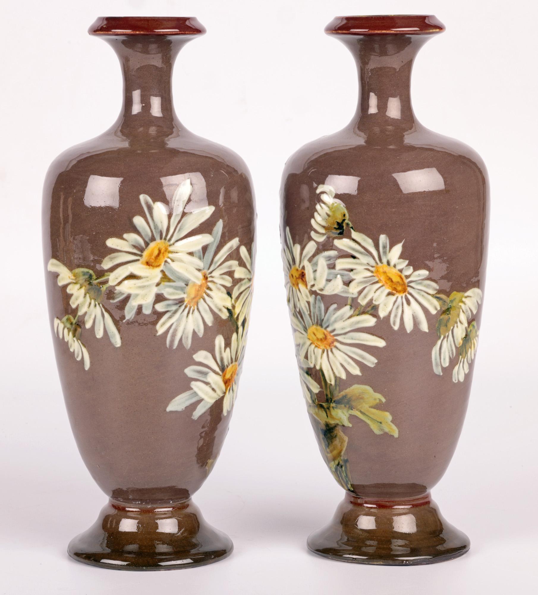 Kate Rogers Doulton Lambeth Pair Impasto Daisy Painted Vases For Sale 7