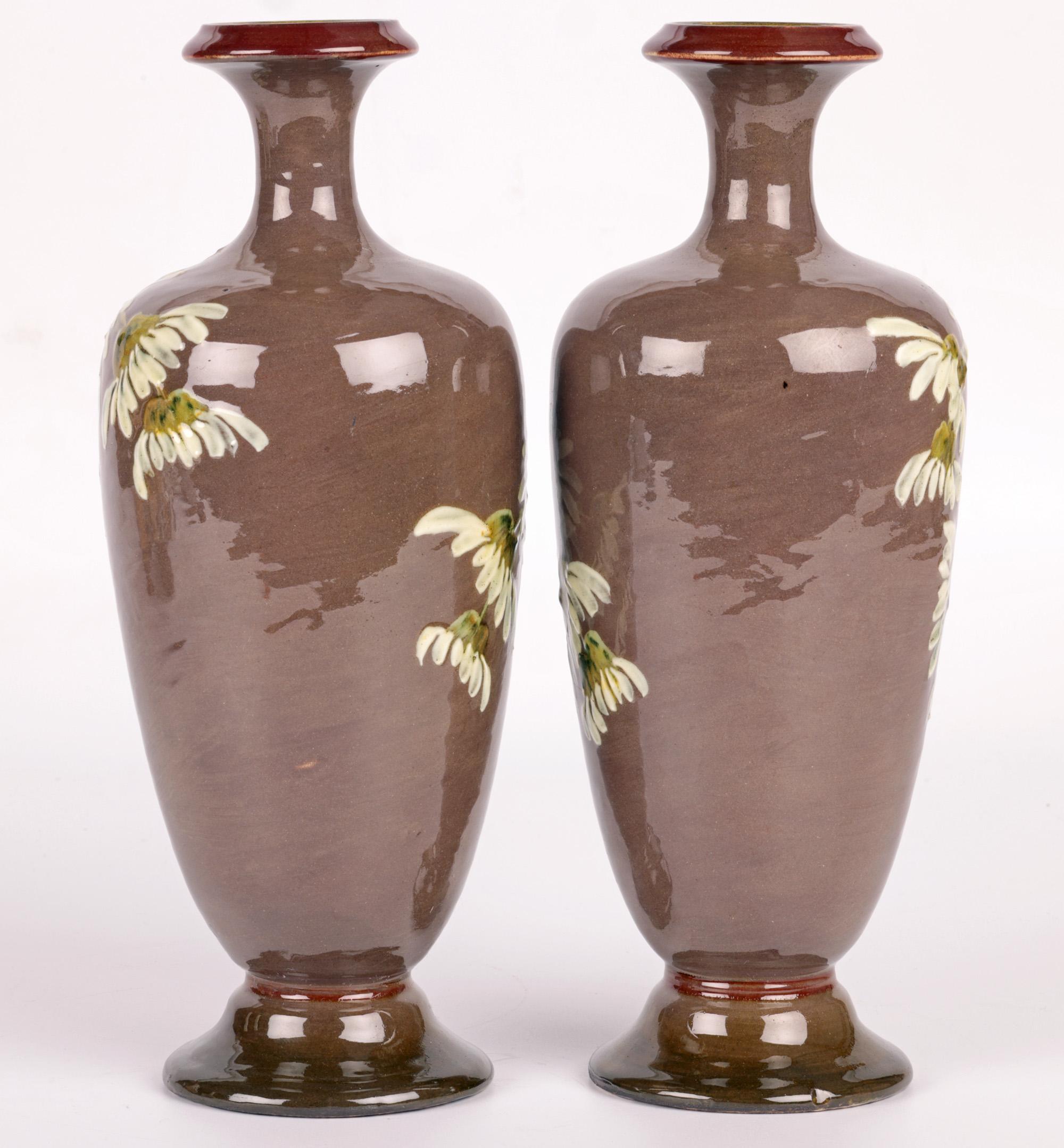 Kate Rogers Doulton Lambeth Pair Impasto Daisy Painted Vases For Sale 9
