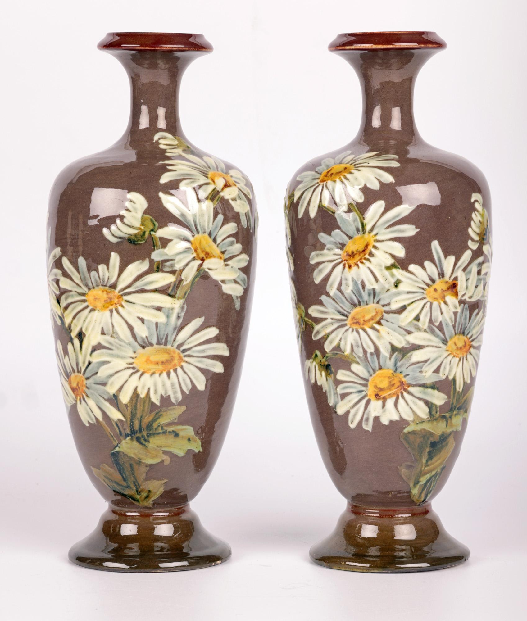 Kate Rogers Doulton Lambeth Pair Impasto Daisy Painted Vases For Sale 11