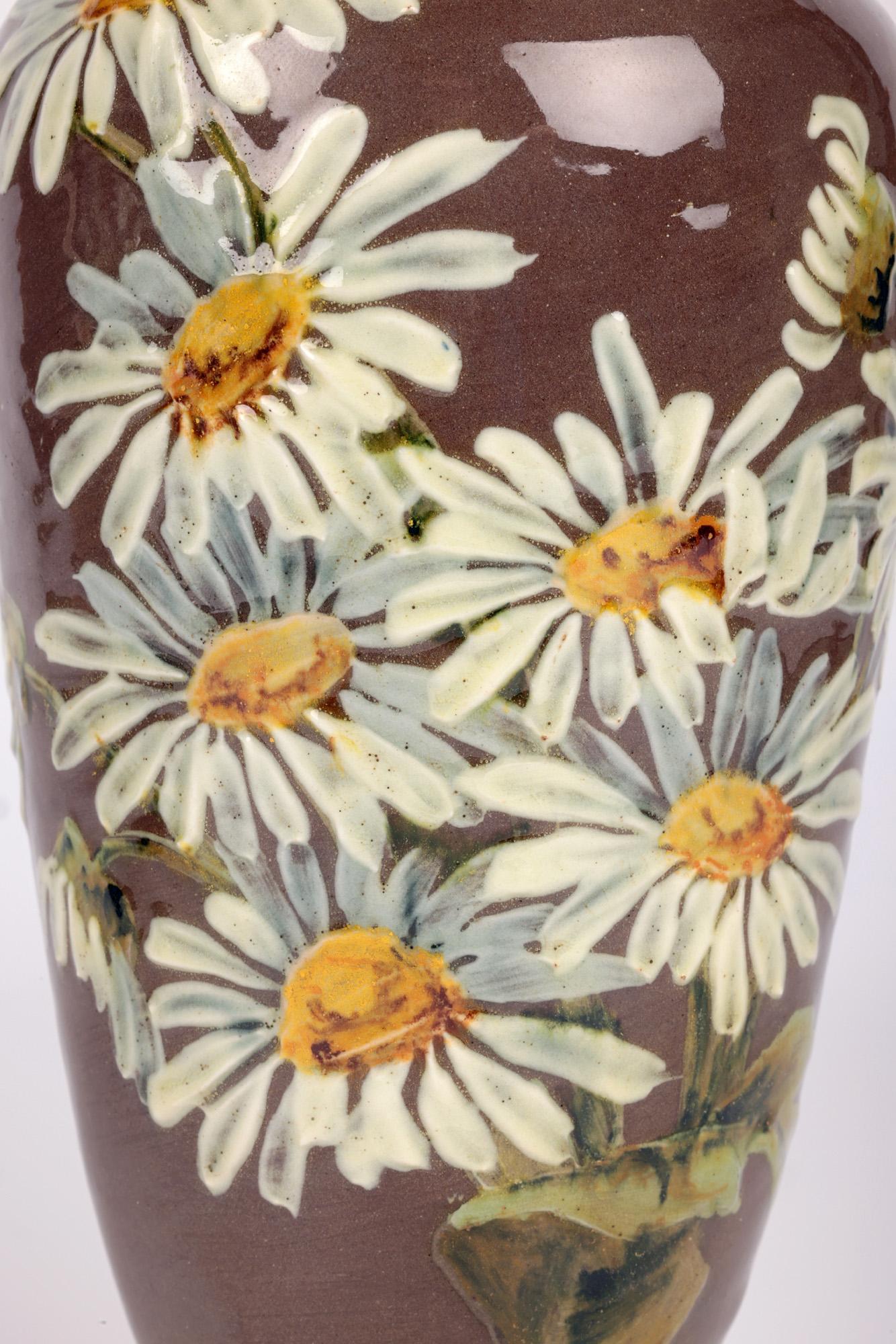 Aesthetic Movement Kate Rogers Doulton Lambeth Pair Impasto Daisy Painted Vases For Sale