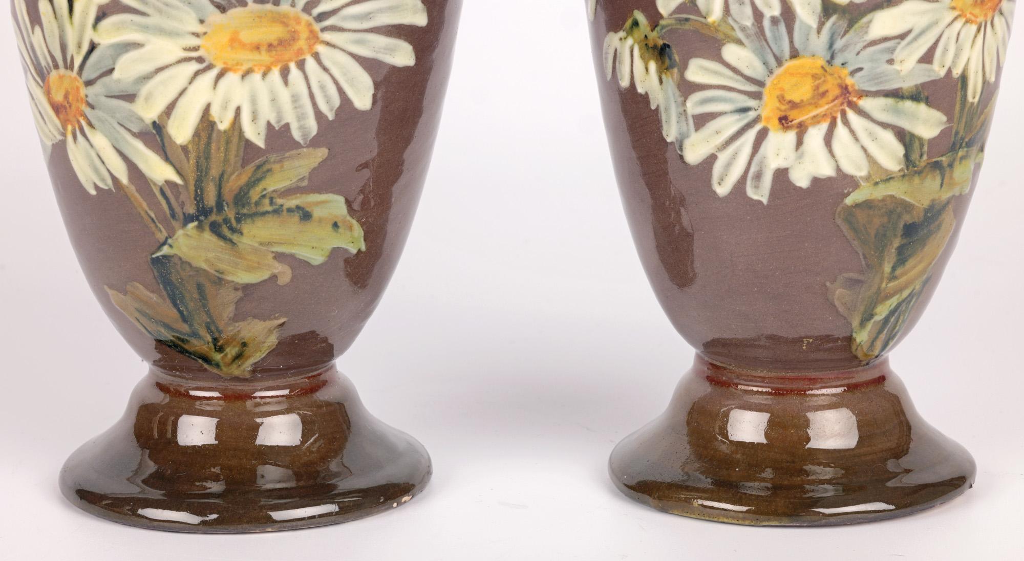 English Kate Rogers Doulton Lambeth Pair Impasto Daisy Painted Vases For Sale