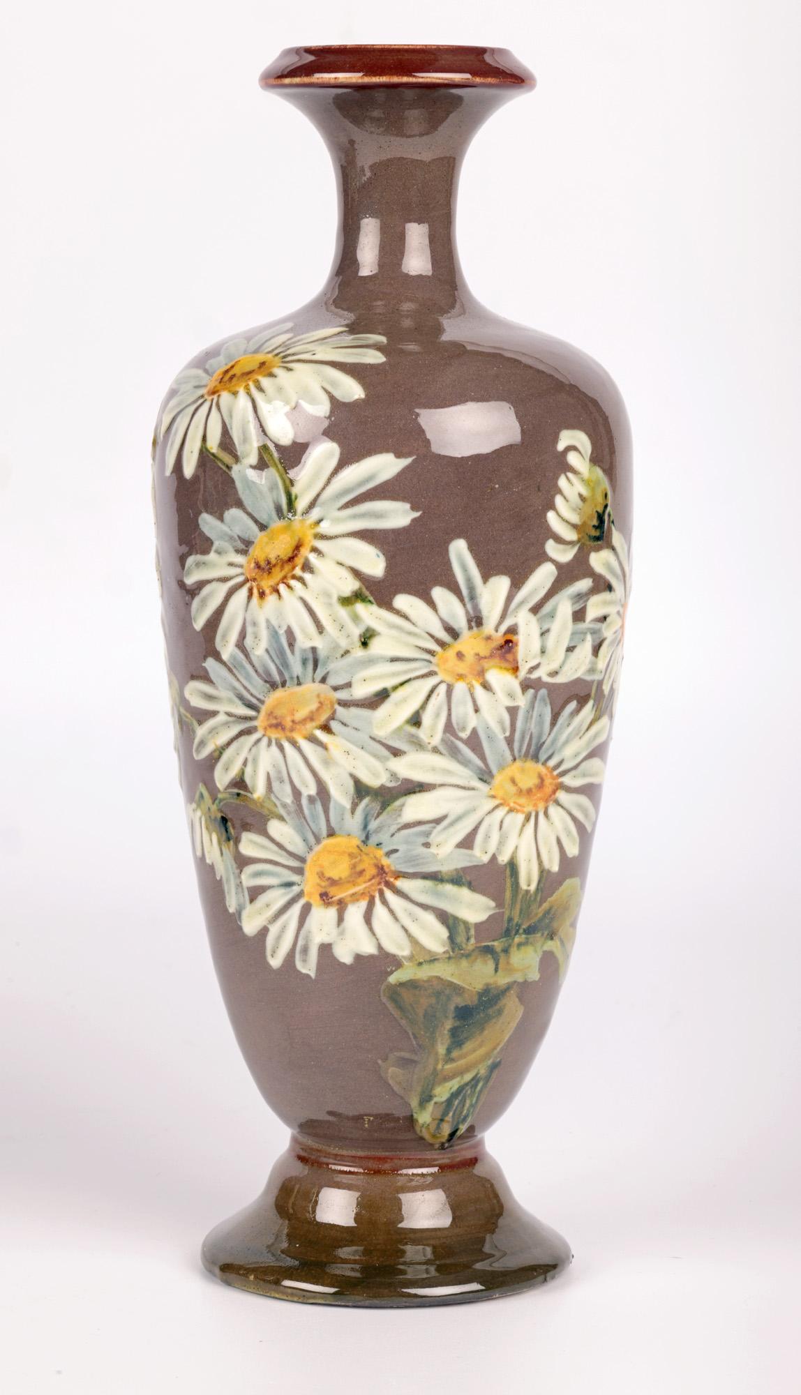 Late 19th Century Kate Rogers Doulton Lambeth Pair Impasto Daisy Painted Vases For Sale