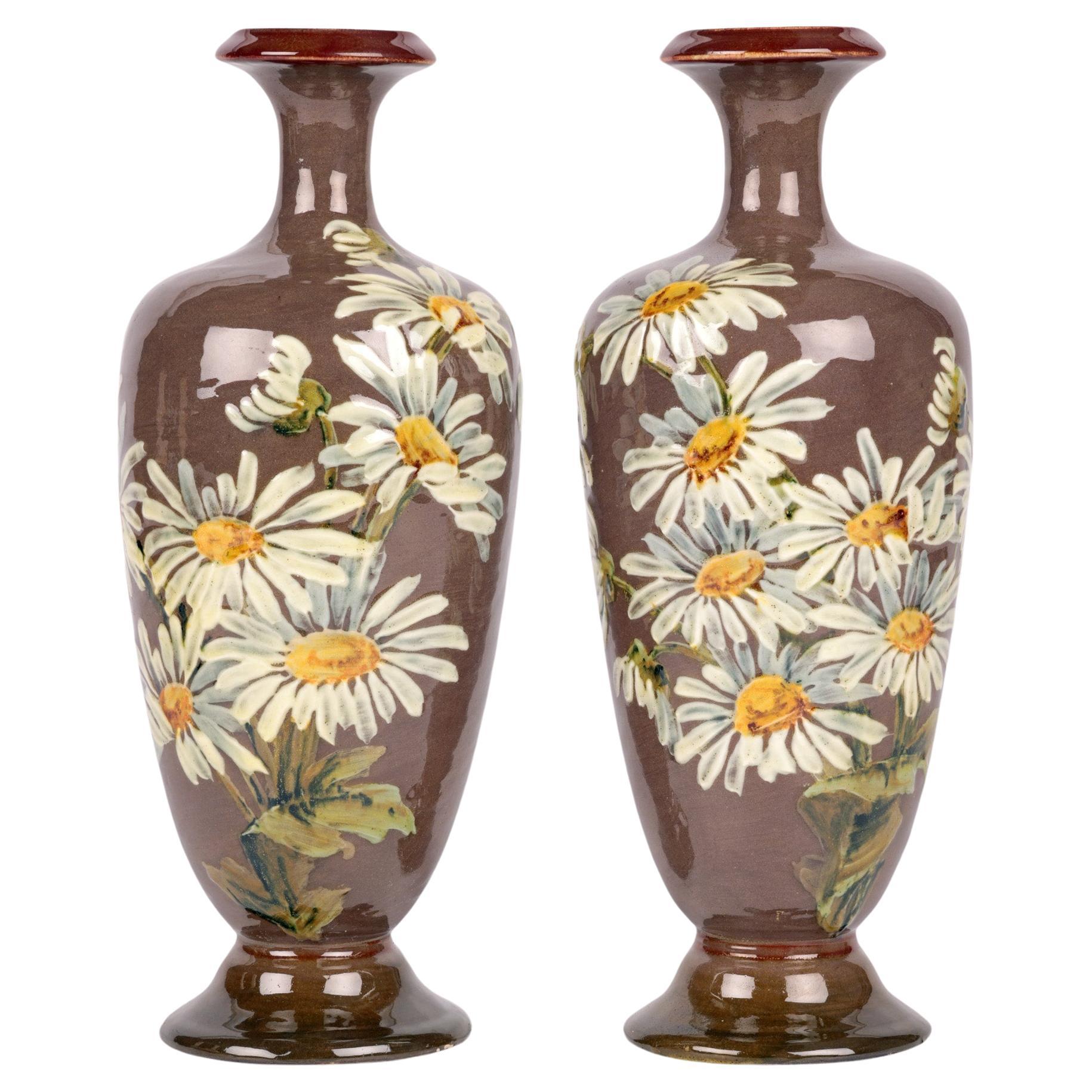 Kate Rogers Doulton Lambeth Pair Impasto Daisy Painted Vases For Sale