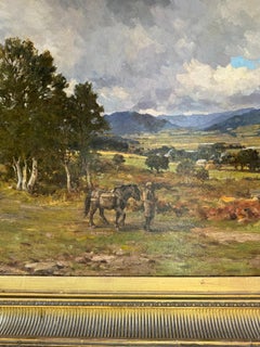 19th century English Valley landscape with horses, people cottages