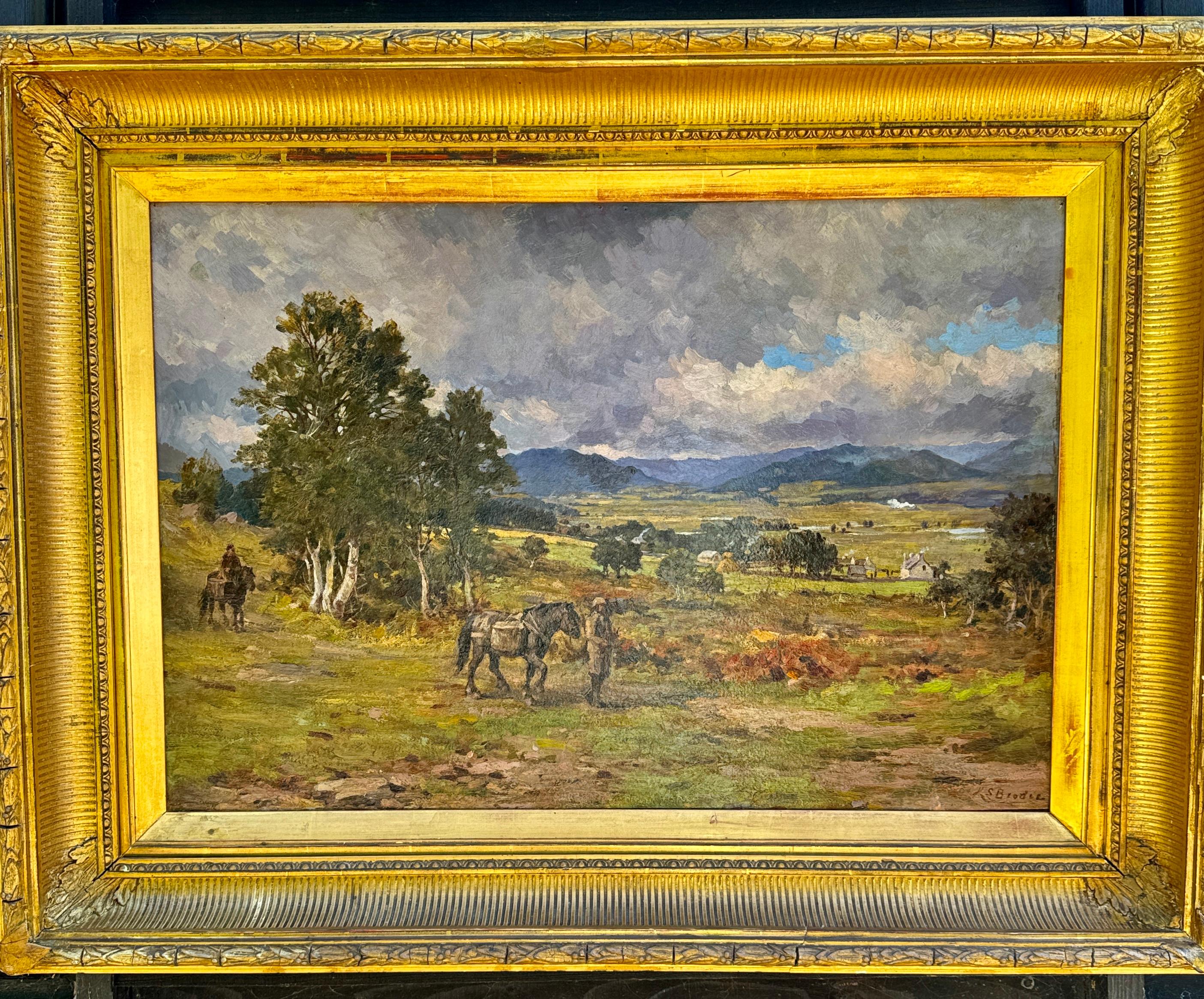 Paysage de vallée anglaise du 19e siècle avec chevaux, cottages habités
