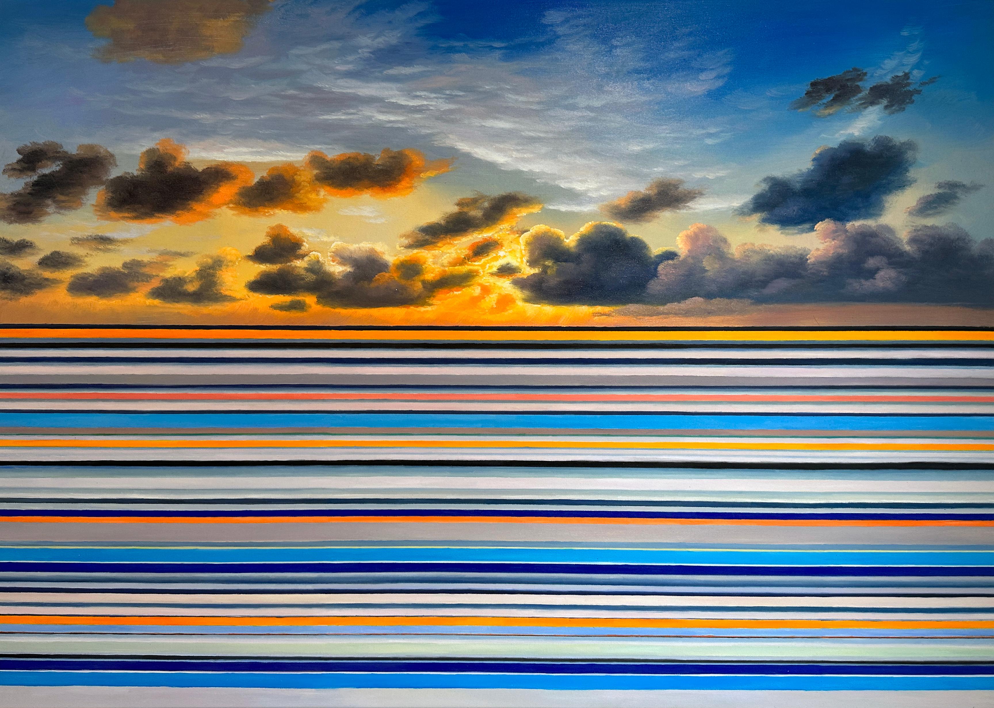 A Break in the Clouds von Kate Seaborne, gestreiftes Ölgemälde mit Meereslandschaft in Streifen