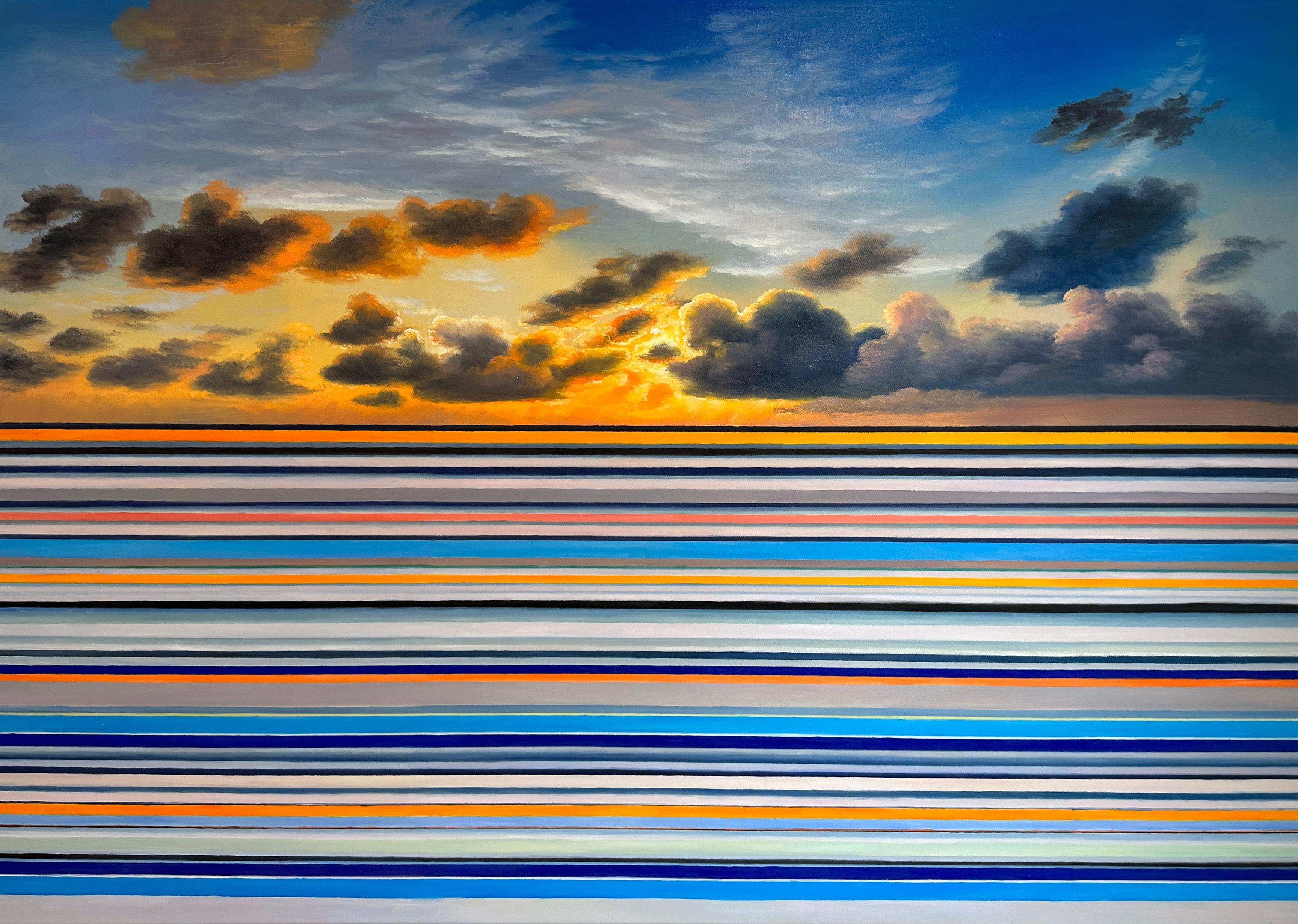 Schöner Sonnenuntergang Wellen in einer friedlichen Atmosphäre in der Abenddämmerung. Dieses zeitgenössische Landschaftsgemälde ist voll von leuchtenden Farben und einer warmen Sonne, die ein stimmungsvolles Kunstwerk schaffen. Erinnert uns an Tage