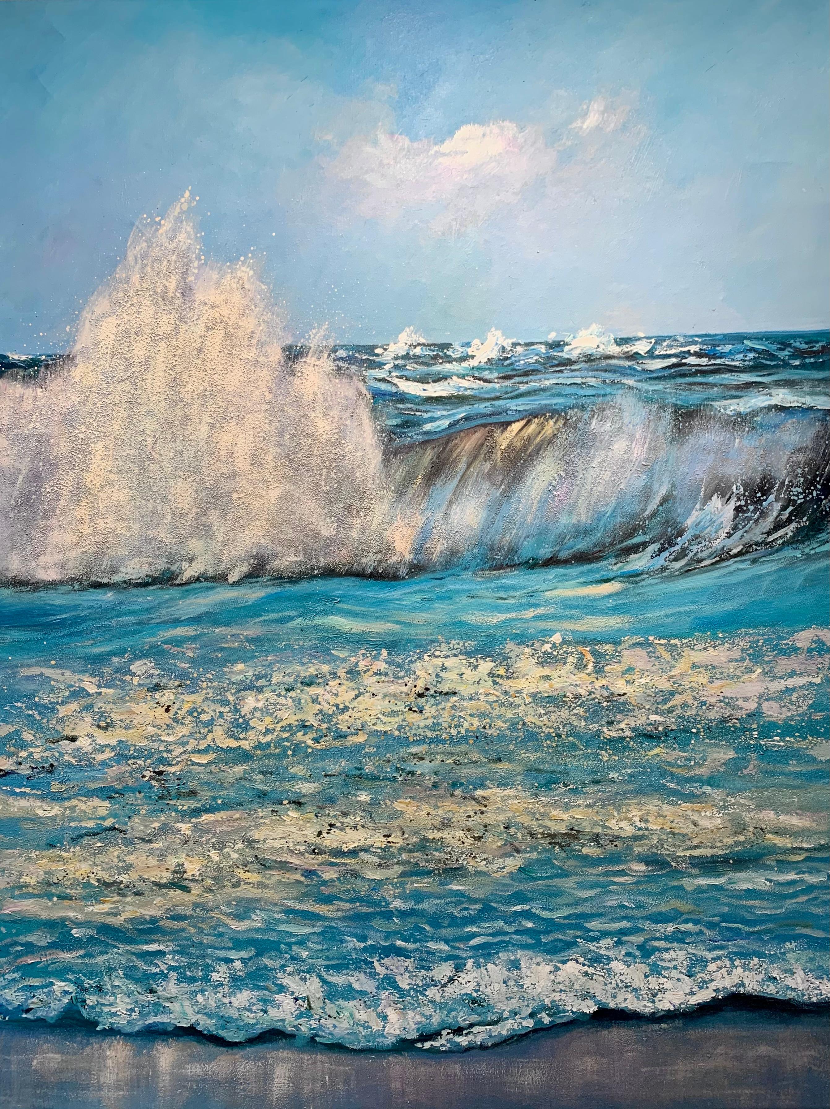 Beautiful sunset waves crashing peacefully at dusk. This contemporary landscape painting is full of vibrant blue colors and a warm sun, creating an atmospheric artwork. Reminding us of days spent on the beach.
Oil painting on canvas.