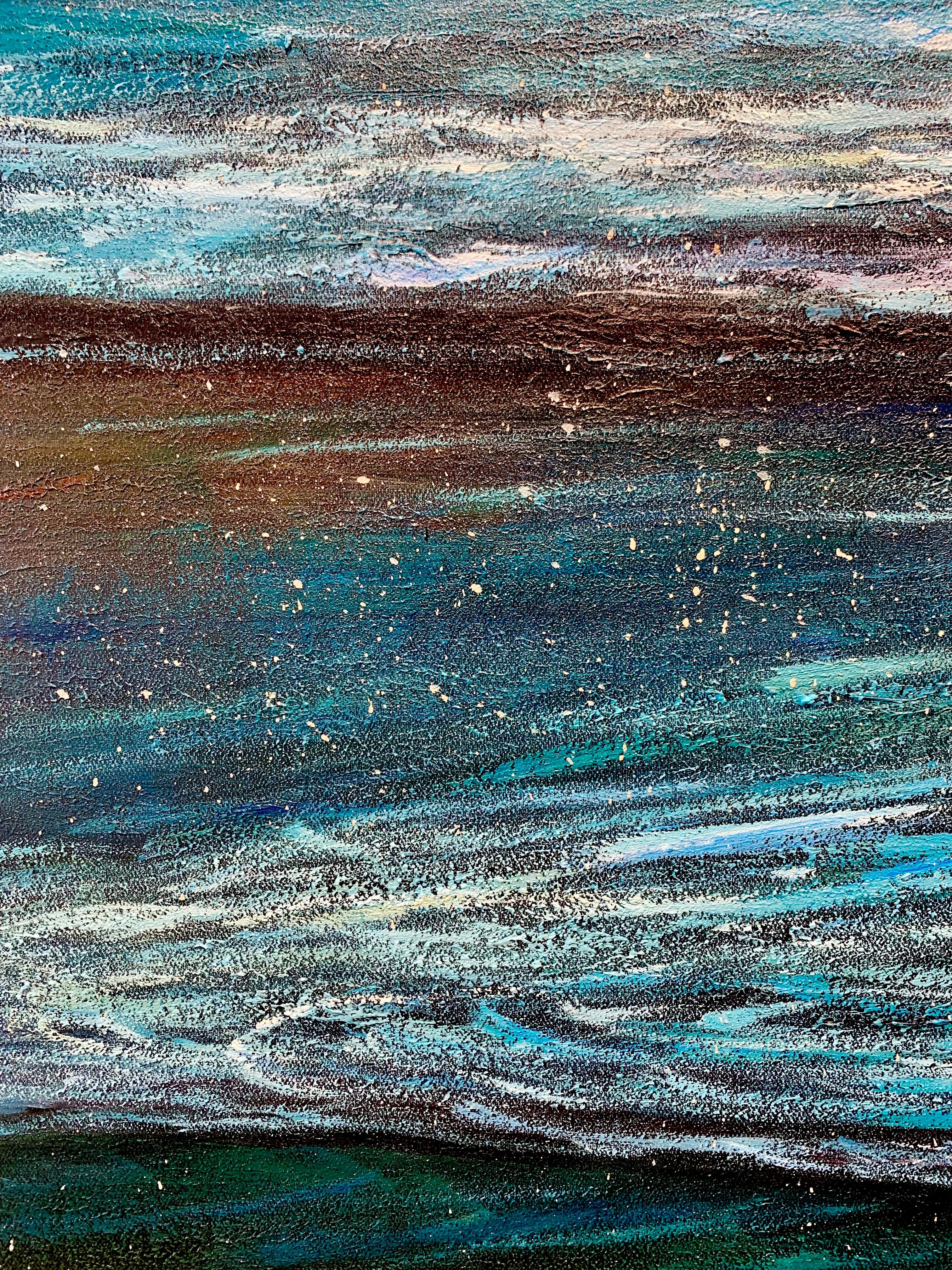 Sunset waves von Kate Seaborne - zeitgenössisches Ölgemälde Meereslandschaft Blauer Ozean im Angebot 9