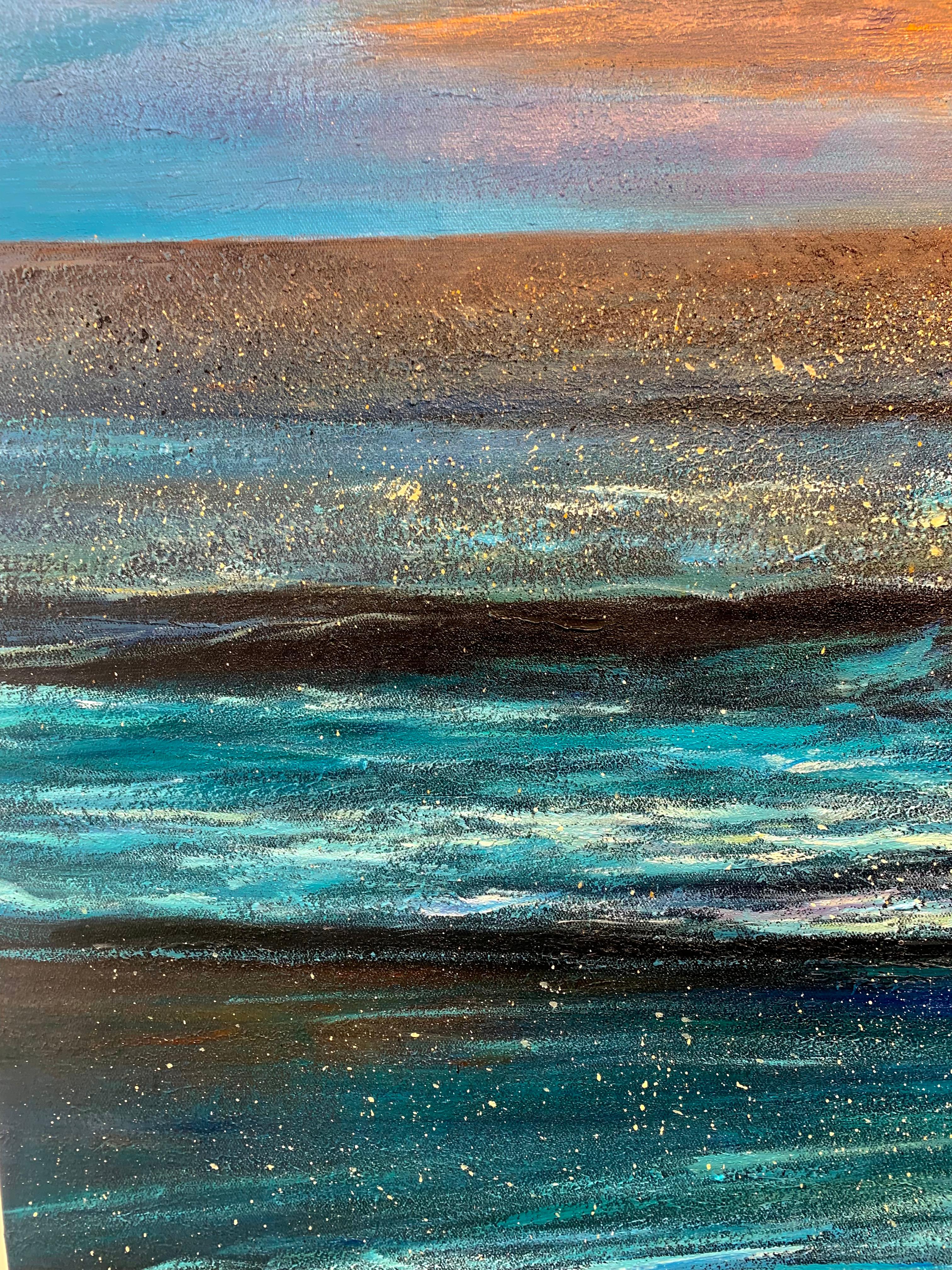 Sunset waves von Kate Seaborne - zeitgenössisches Ölgemälde Meereslandschaft Blauer Ozean im Angebot 10