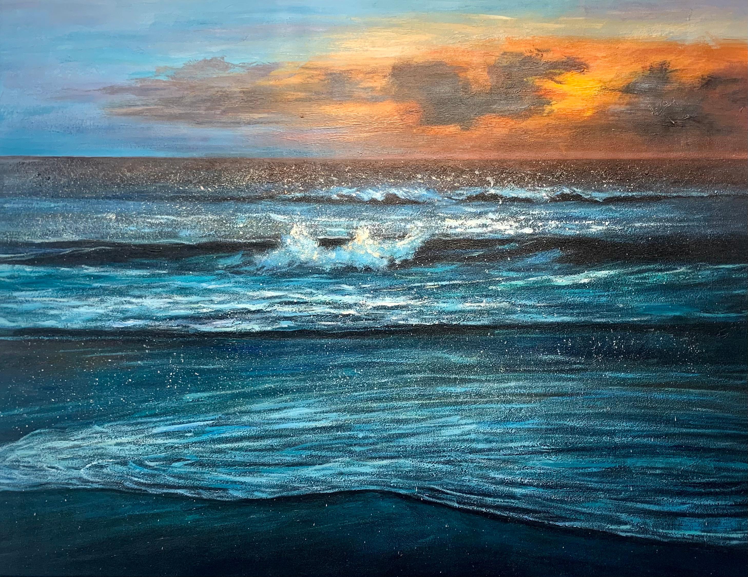 Sunset waves von Kate Seaborne - zeitgenössisches Ölgemälde Meereslandschaft Blauer Ozean im Angebot 11