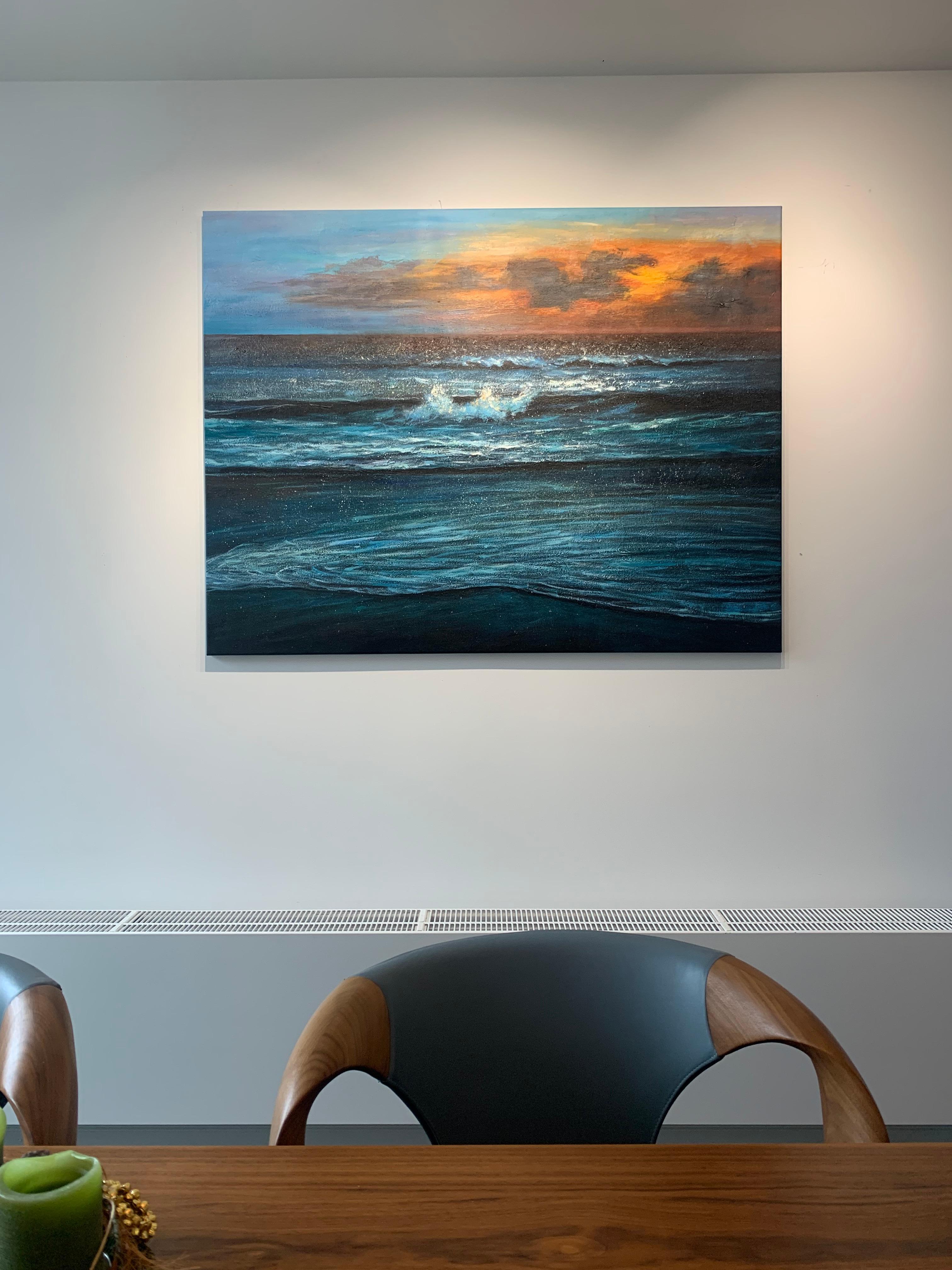 Sunset waves von Kate Seaborne - zeitgenössisches Ölgemälde Meereslandschaft Blauer Ozean im Angebot 12