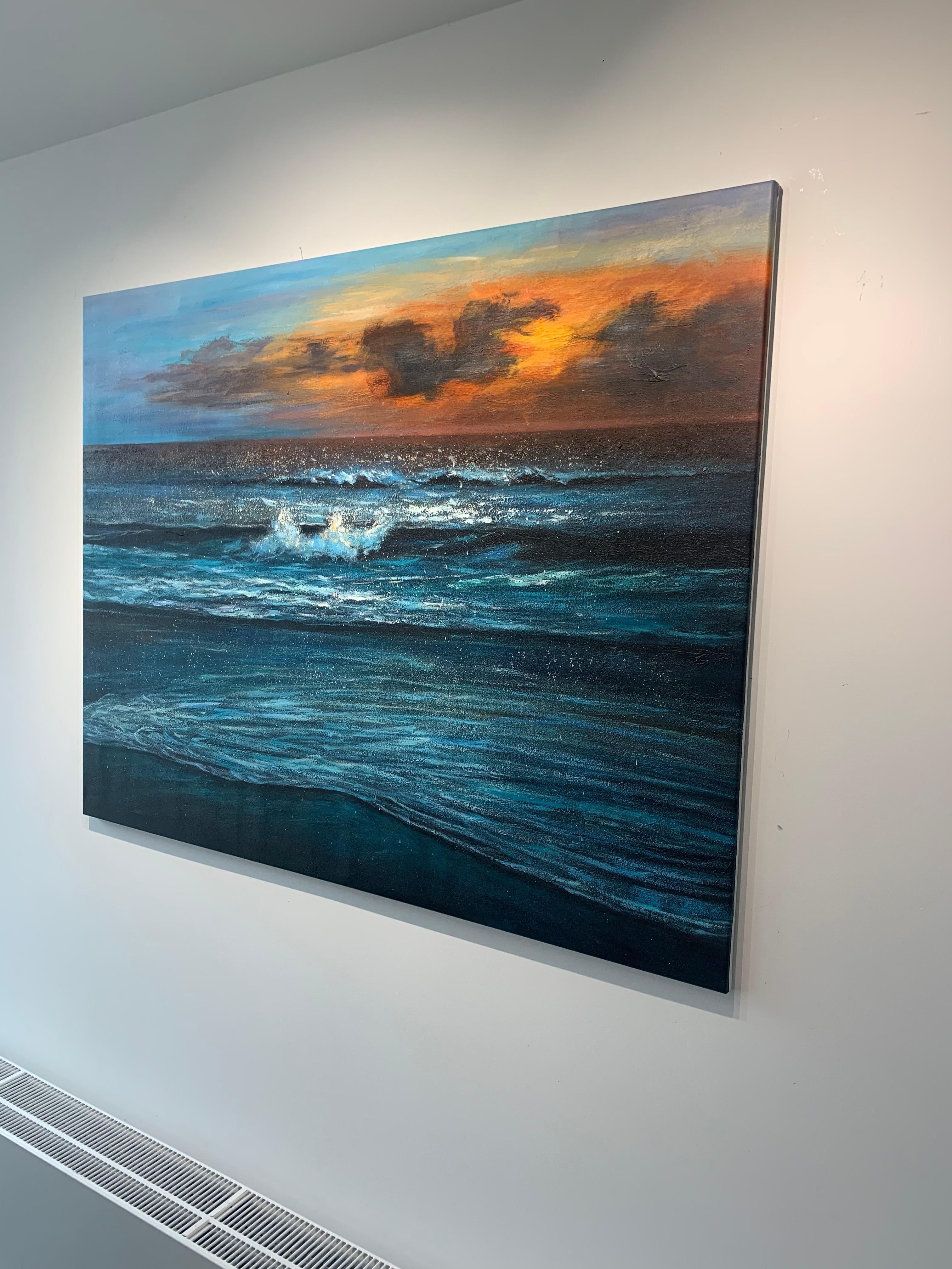 Sunset waves von Kate Seaborne - zeitgenössisches Ölgemälde Meereslandschaft Blauer Ozean im Angebot 5