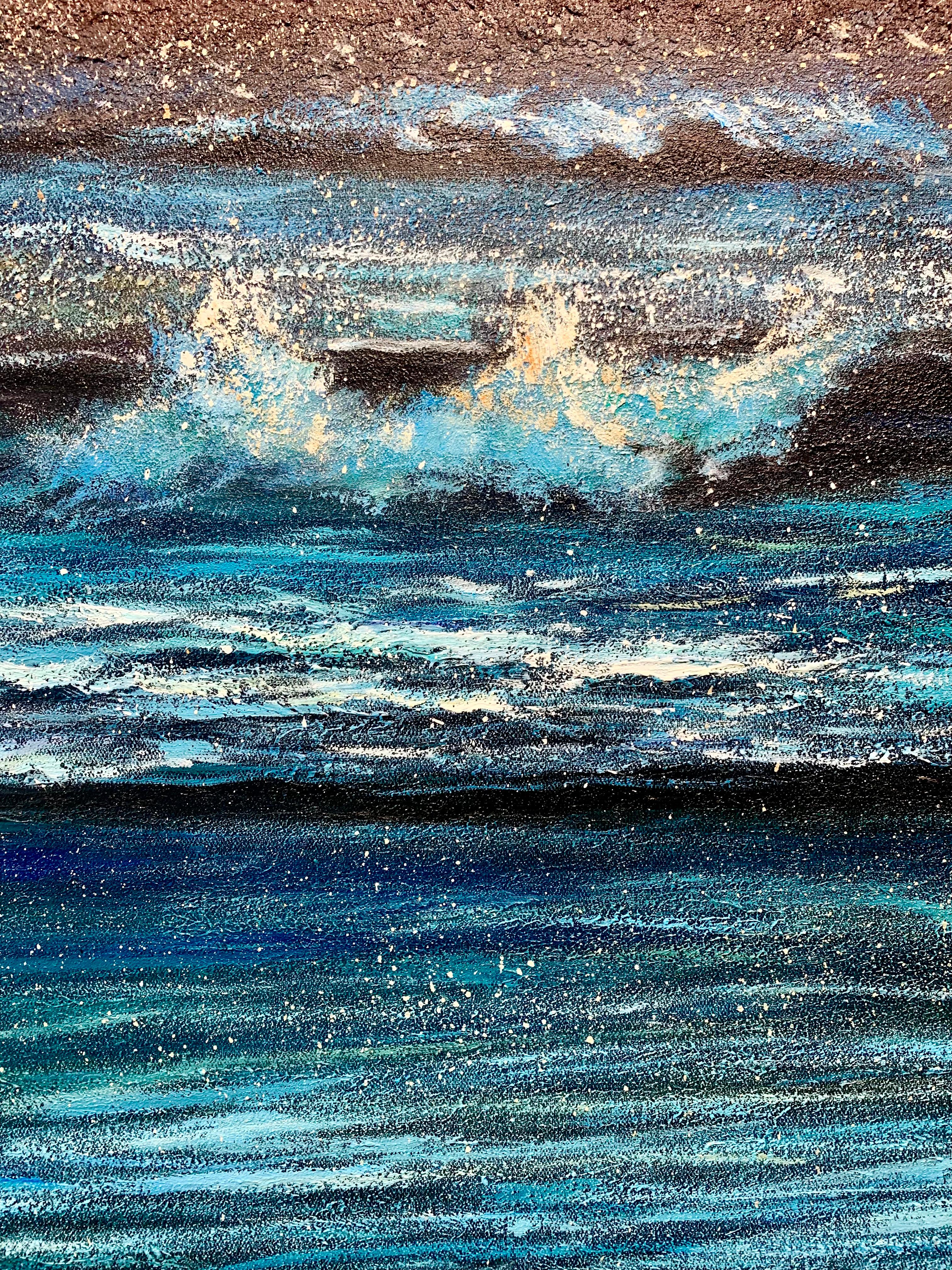 Sunset waves von Kate Seaborne - zeitgenössisches Ölgemälde Meereslandschaft Blauer Ozean im Angebot 7