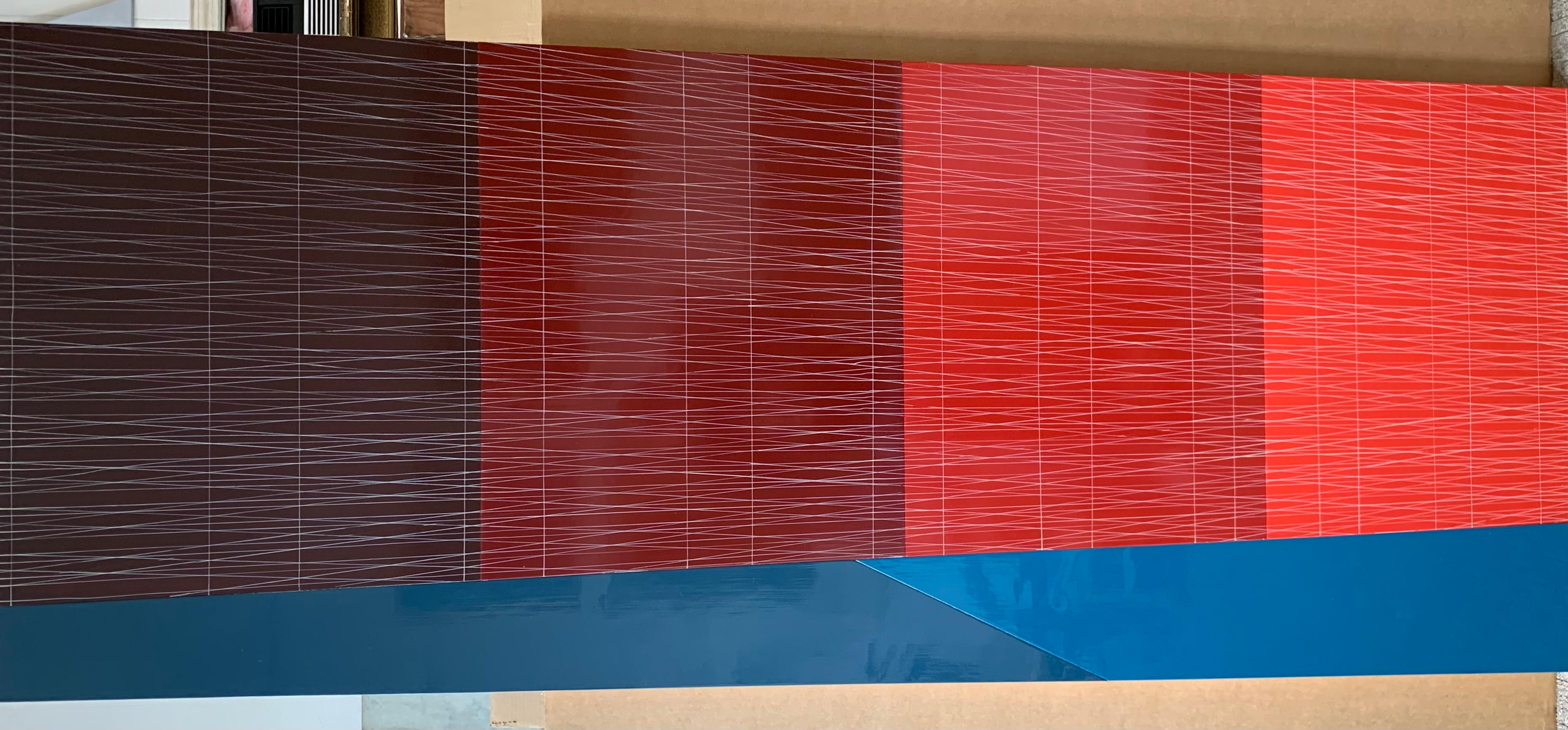 Kate Shepherd Abstract Painting - Slanted Blue Ground, Four Red Walls (Maroon to Poppy)