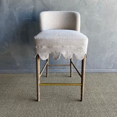 Kate Slip Covered Counter Stool -Ticking 100% Linen with Raw Brass Foot Rail
