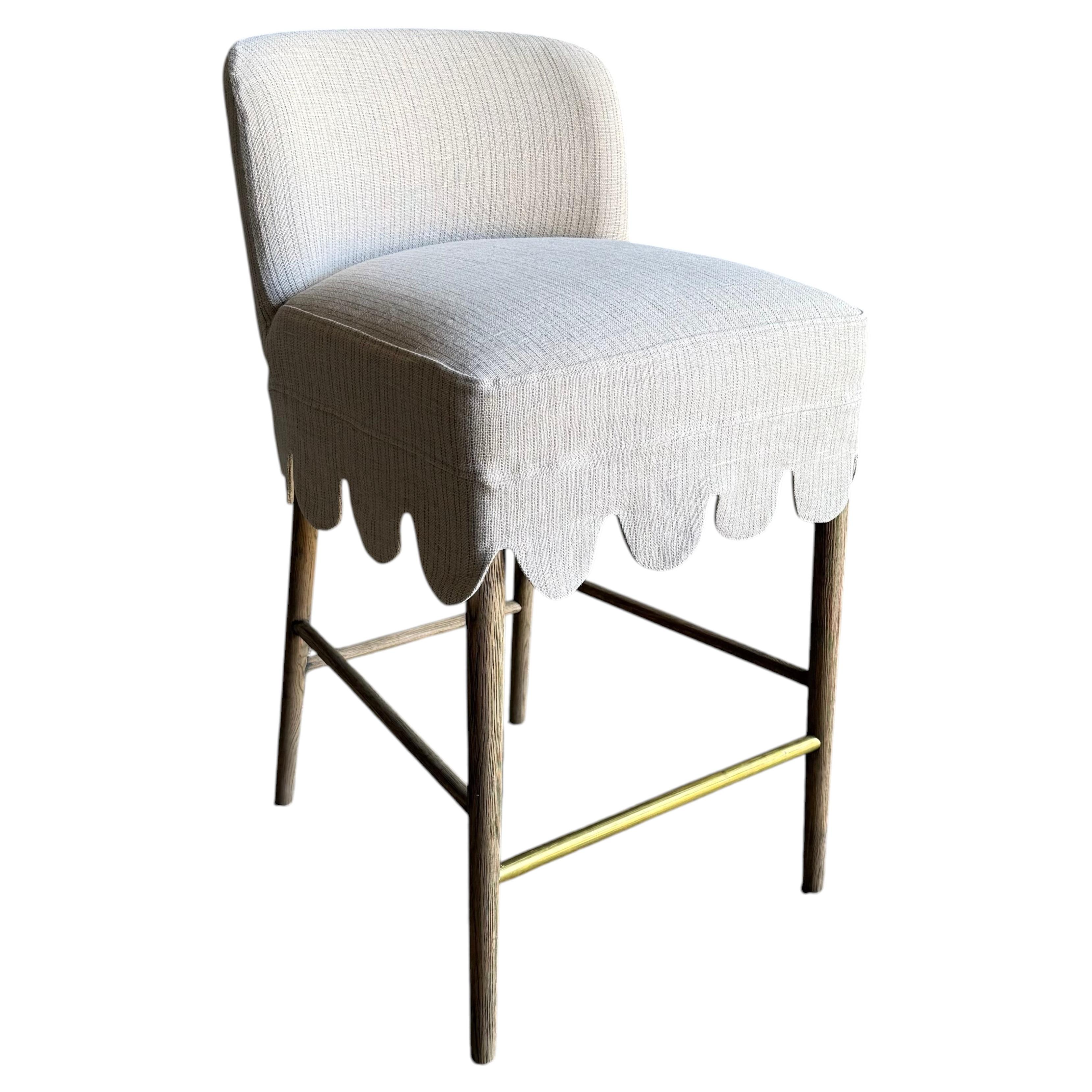Kate Slip Covered Counter Stool -Ticking 100% Linen with Raw Brass Foot Rail