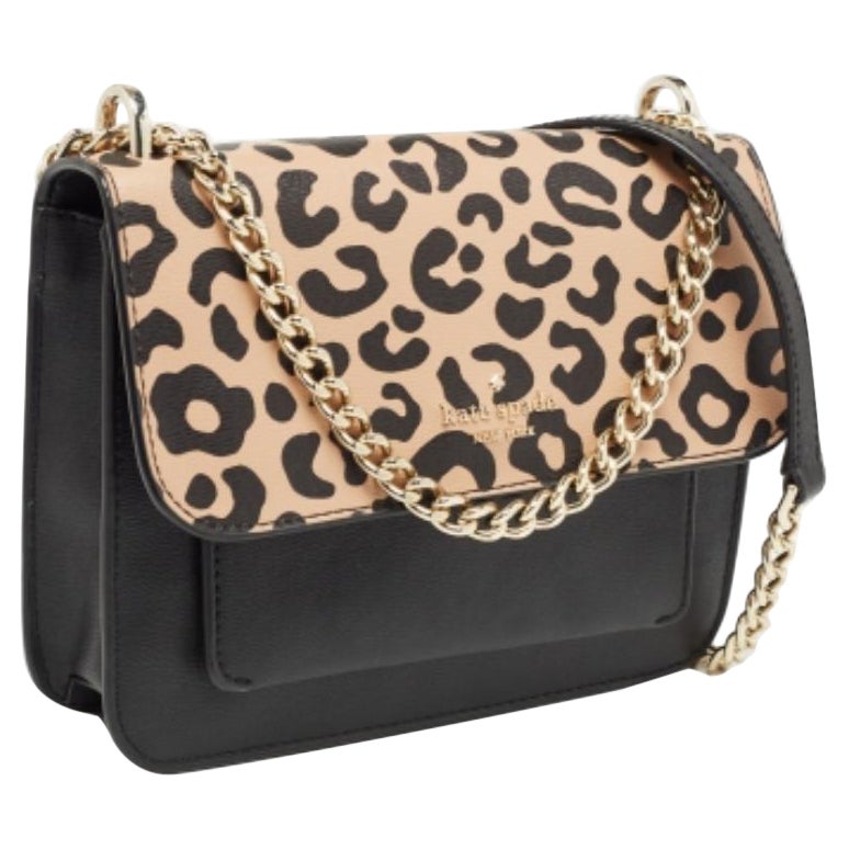 Kate Spade Black/Beige Leopard Print Leather Remi Flap Chain Crossbody Bag en vente