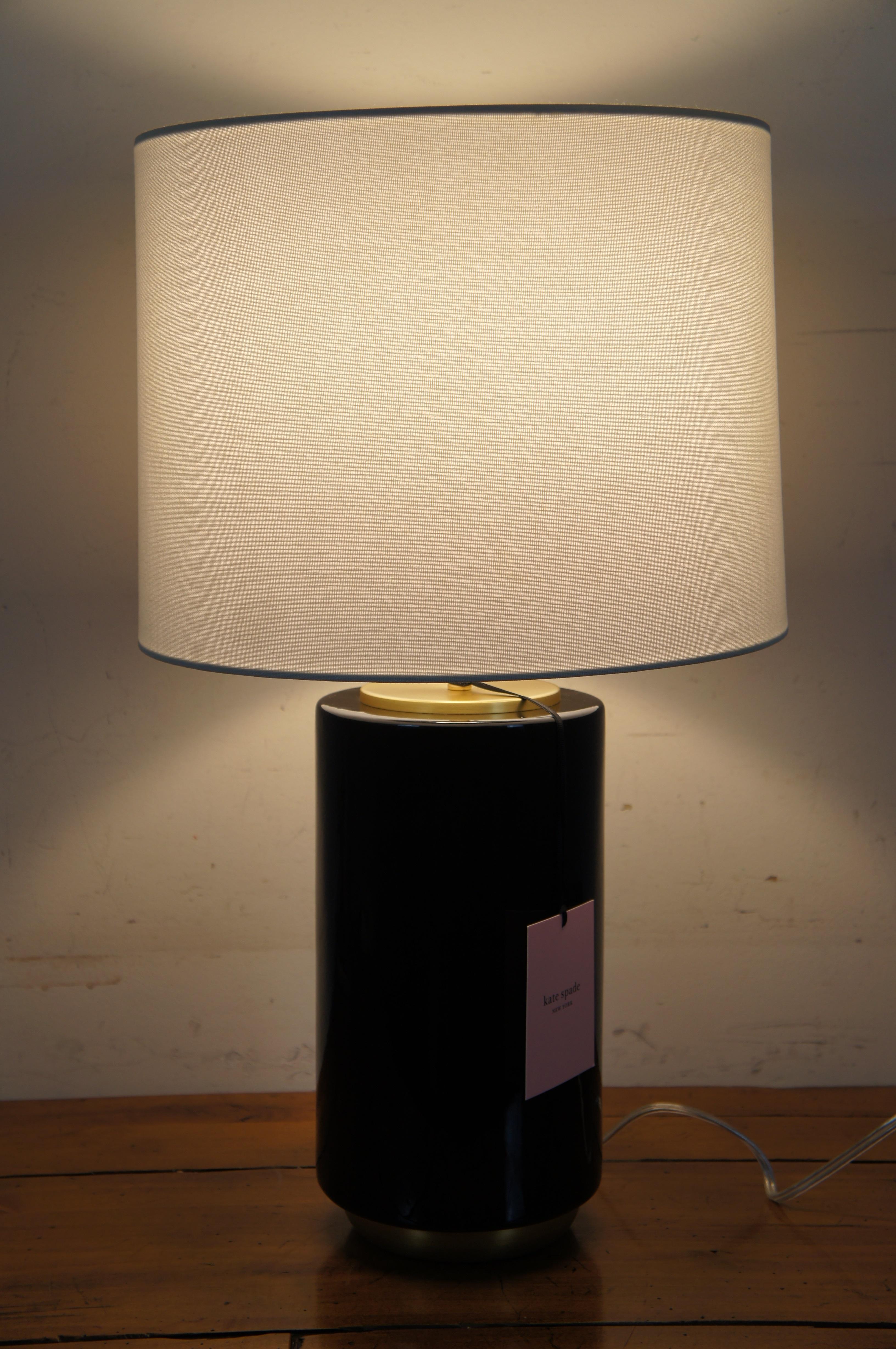 Kate Spade Black Porcelain & Brass Round Cylinder Table Lamp NWT 3