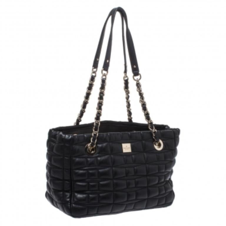 Kate Spade Black Square Quilted Leather Chain Tote For Sale 7