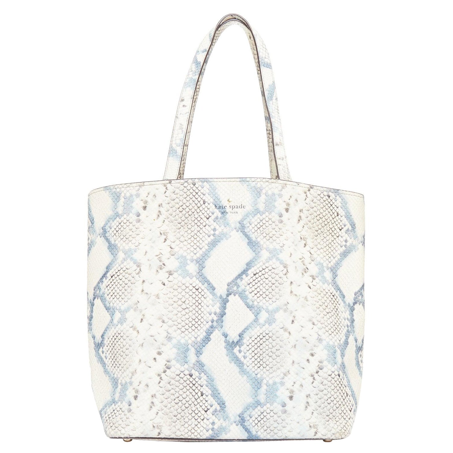 KATE SPADE blaue, cremefarbene, schuppenförmige Tasche aus Ziegenleder mit goldenem Logo und Kordelzug im Angebot