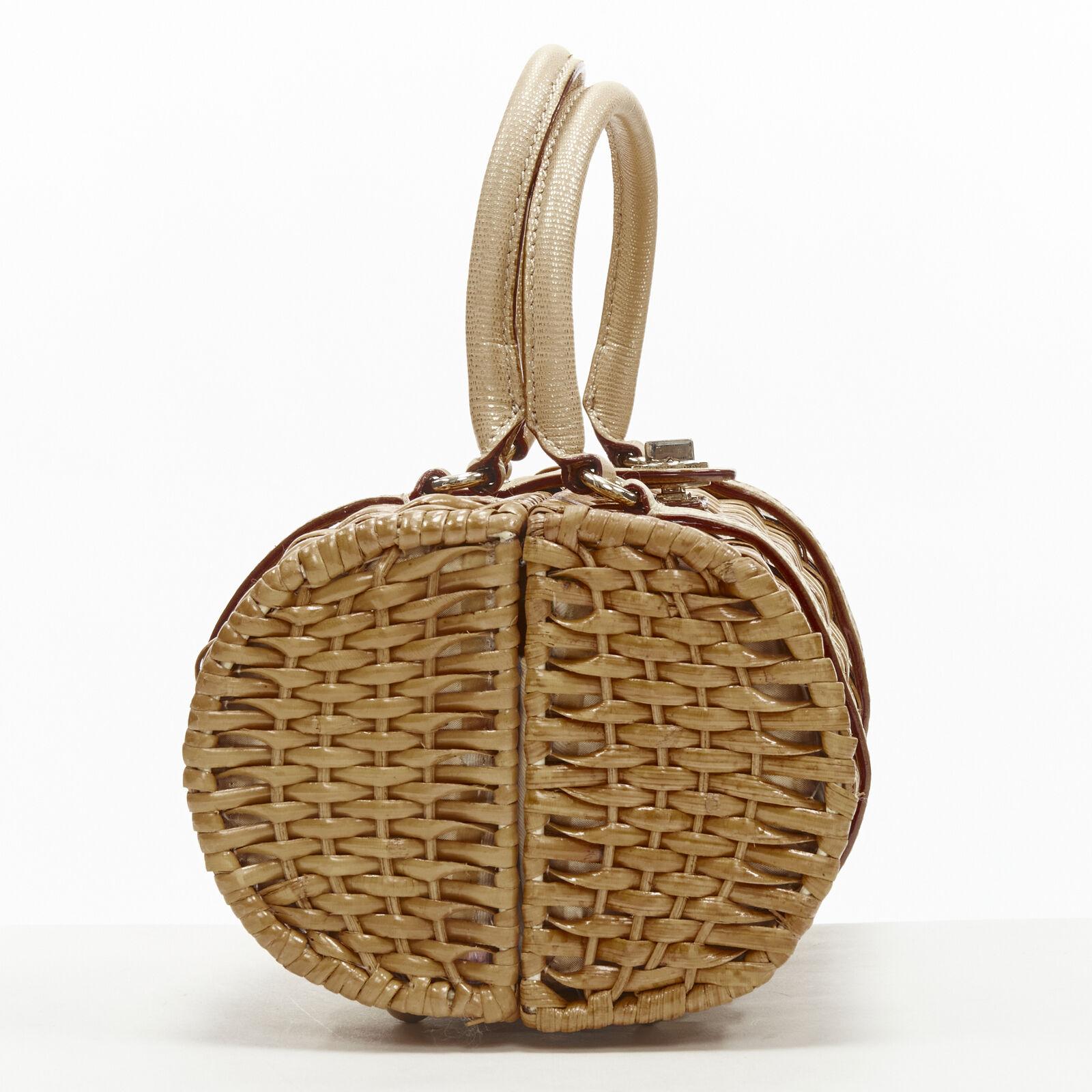 KATE SPADE brown bamboo rattan wicker metallic leather handle log bag In Excellent Condition For Sale In Hong Kong, NT