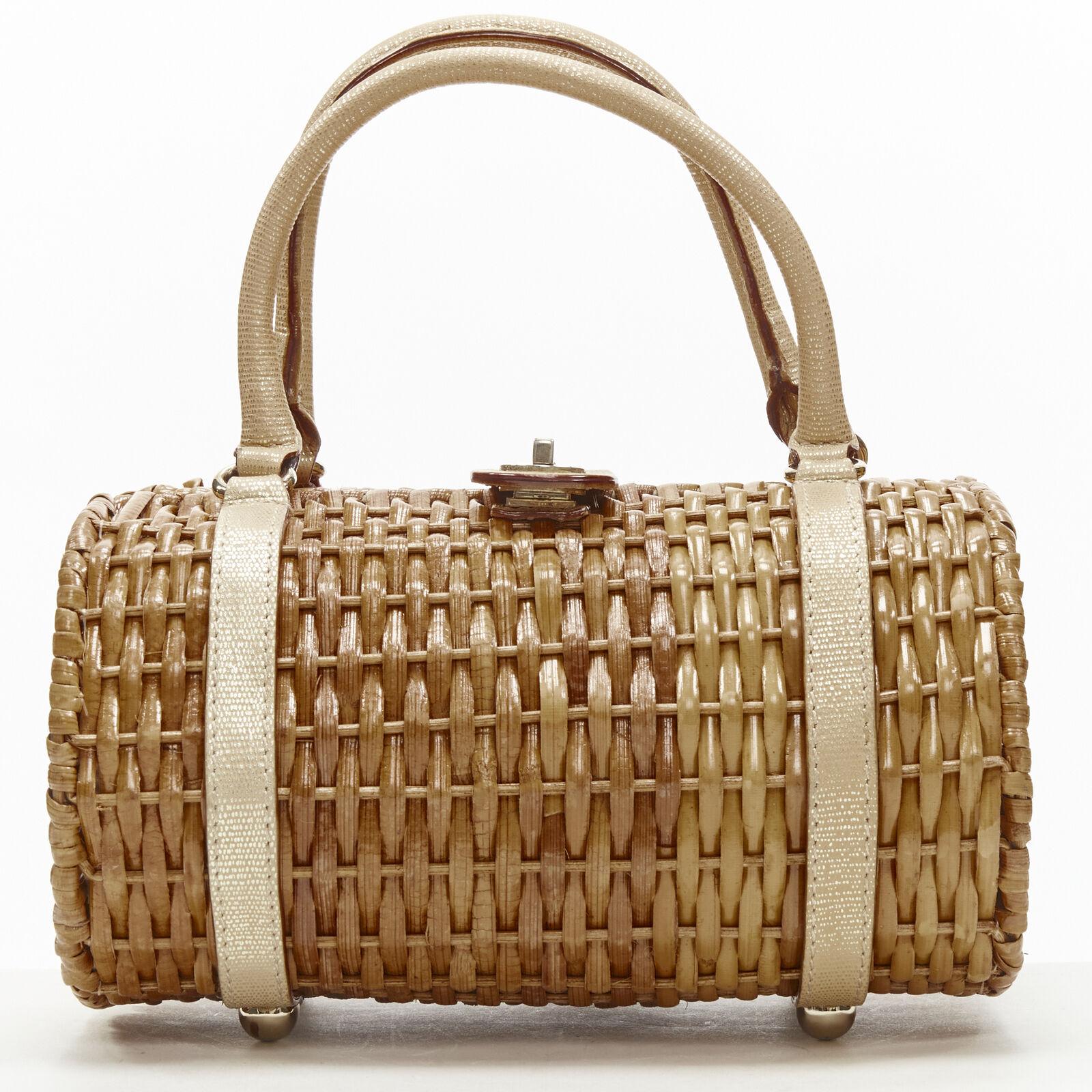 Women's KATE SPADE brown bamboo rattan wicker metallic leather handle log bag For Sale
