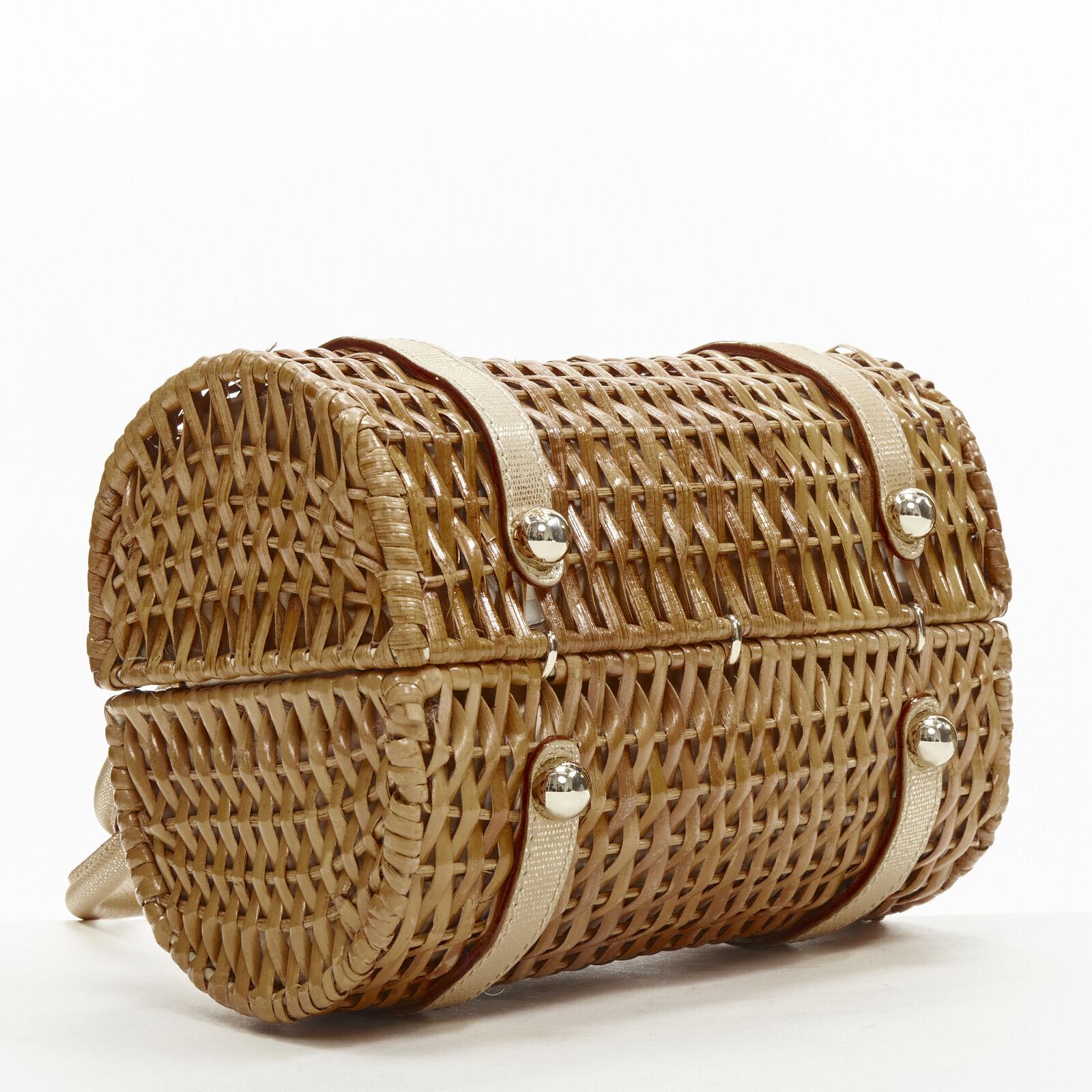 KATE SPADE brown bamboo rattan wicker metallic leather handle log bag For Sale 1