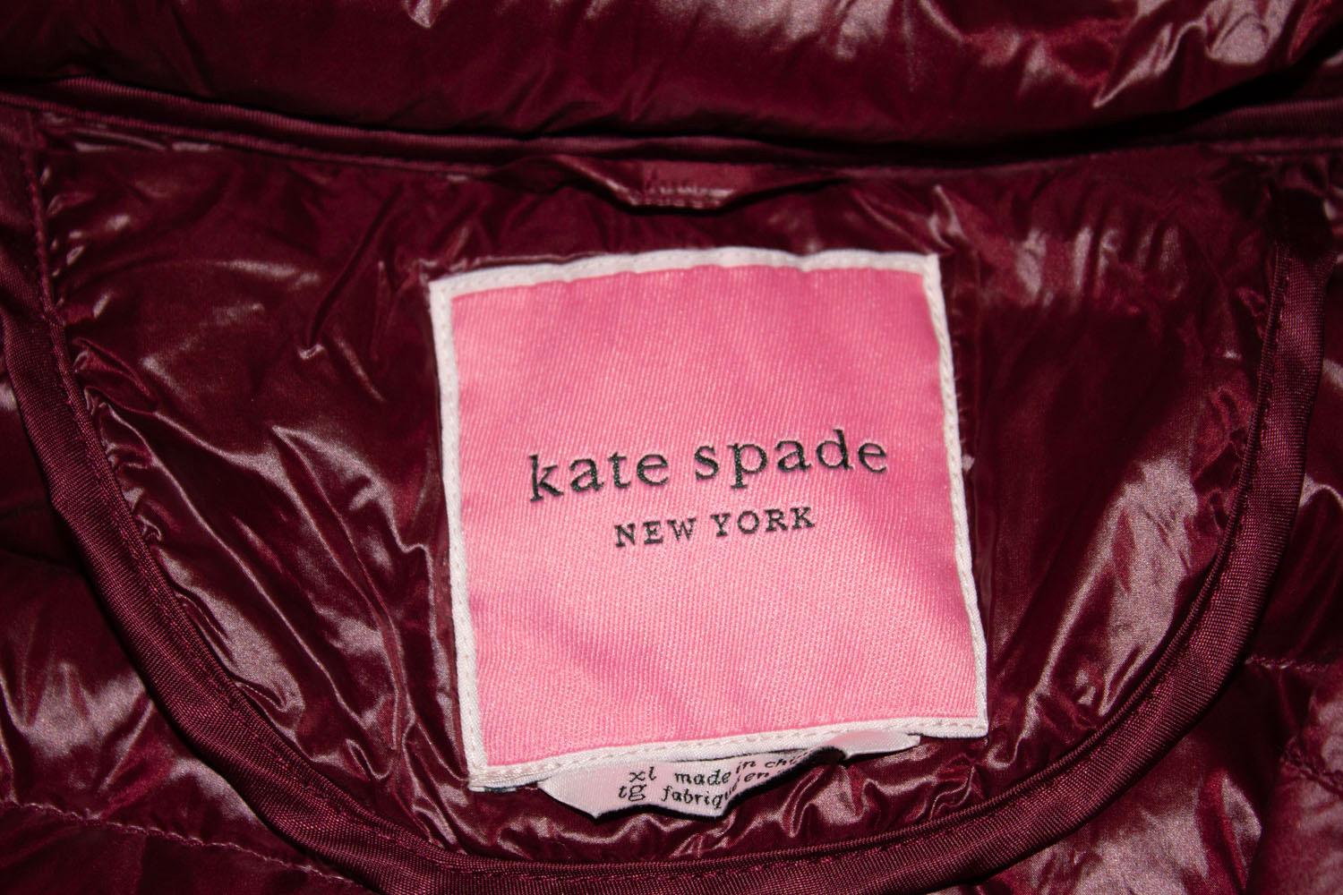 Kate Spade Burgundy Puffa Jacket with Hood in Collar For Sale 5