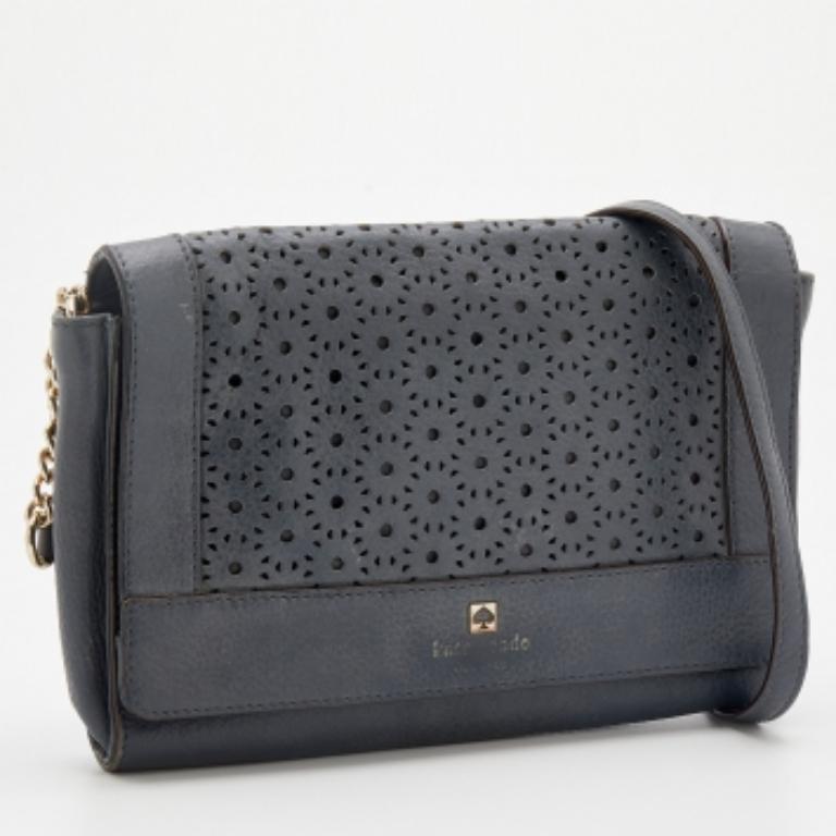 Black Kate Spade Dark Grey Leather Perforated Flap Shoulder Bag For Sale